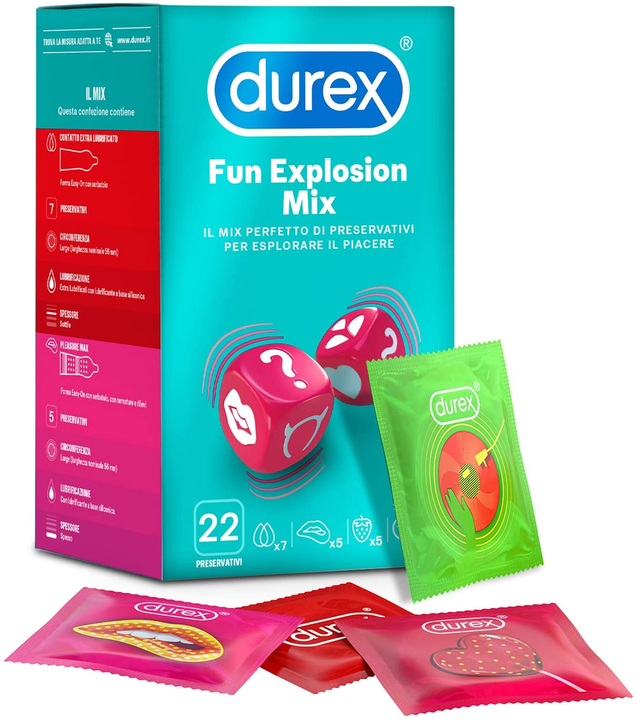 Durex Fun Explosion Preservativi Stimolanti Assortiti, 22 Profilattici