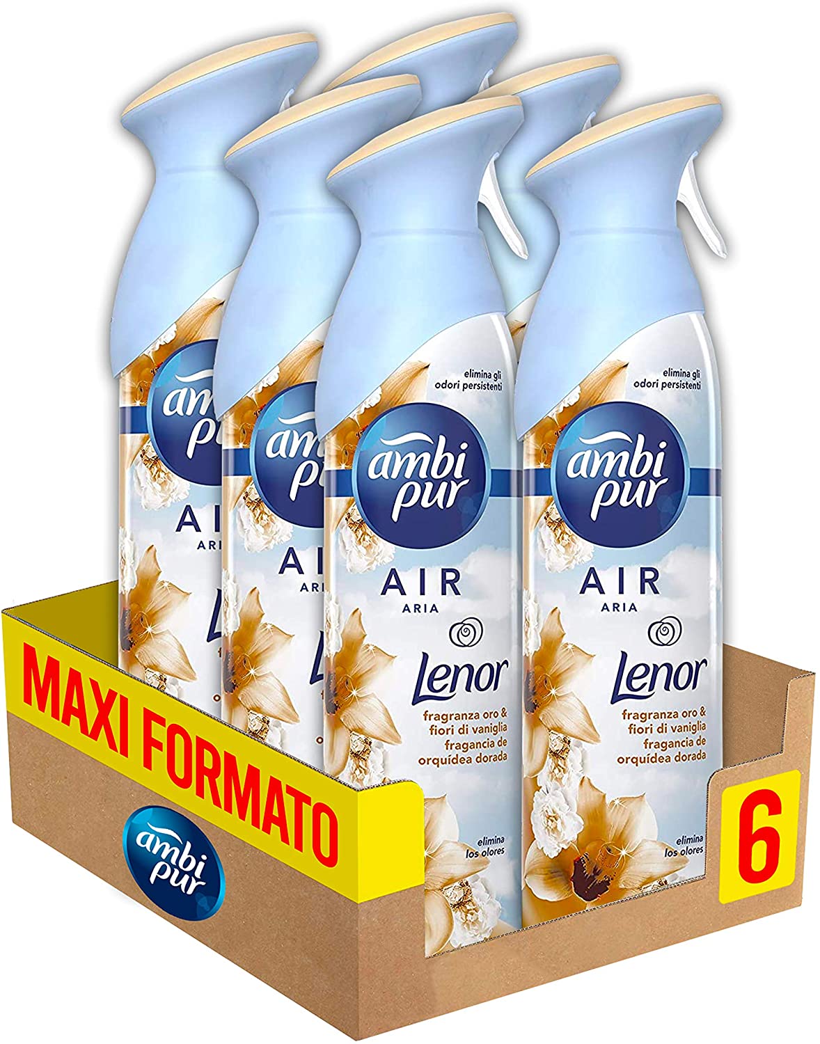 Ambi Pur Spray Profumatore per Ambienti, 6 Confezioni x 300 ml, Fragranza Oro & Fiori di Vaniglia