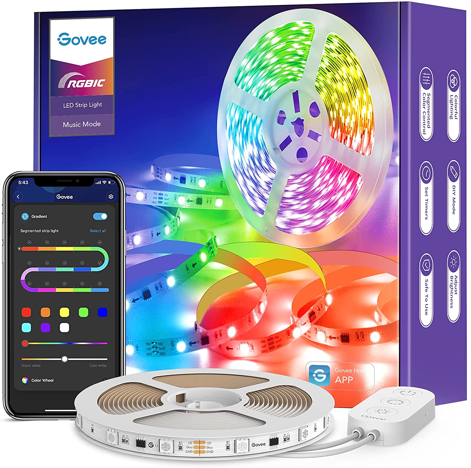 Govee Striscia LED RGBIC 5 Metri, Strisce Bluetooth Dimmerabile, Luci LED Colorati Controllo App