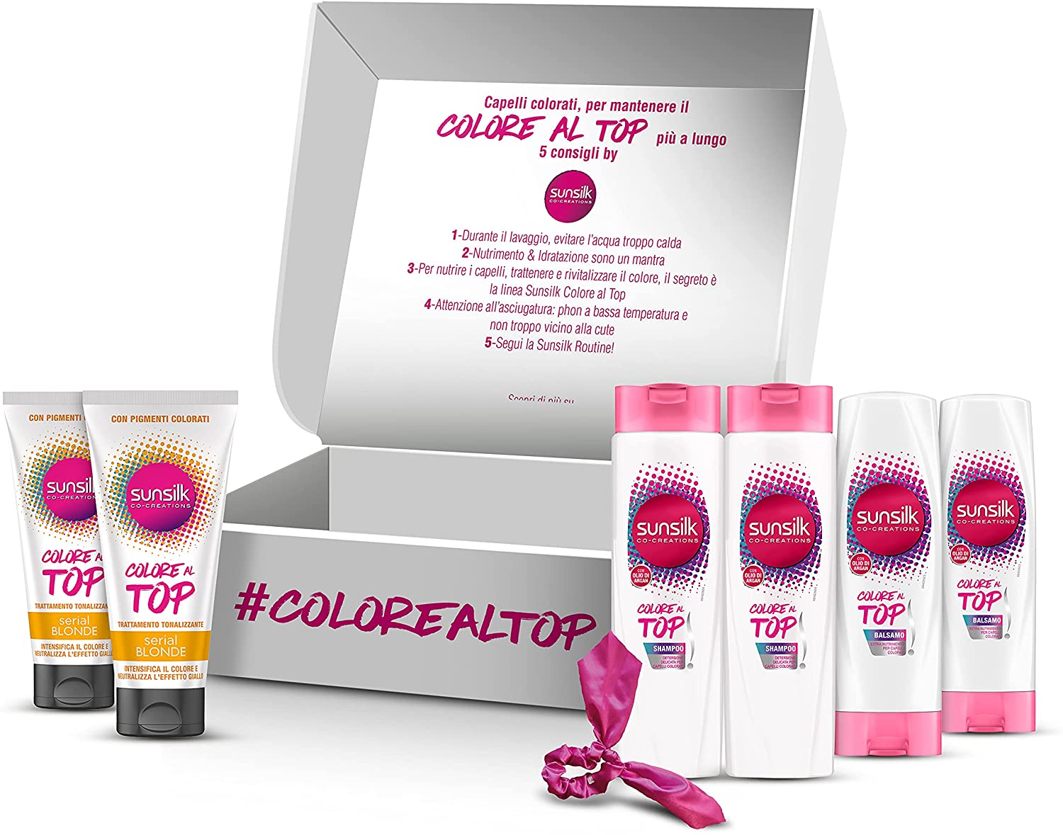 Sunsilk Confezione Regalo Colore al Top Serial Blonde: 2 Shampoo 375ml, 2 Balsamo 185ml, 2 Trattamento Tonalizzante Serial Blonde 180ml 1 elastico per capelli