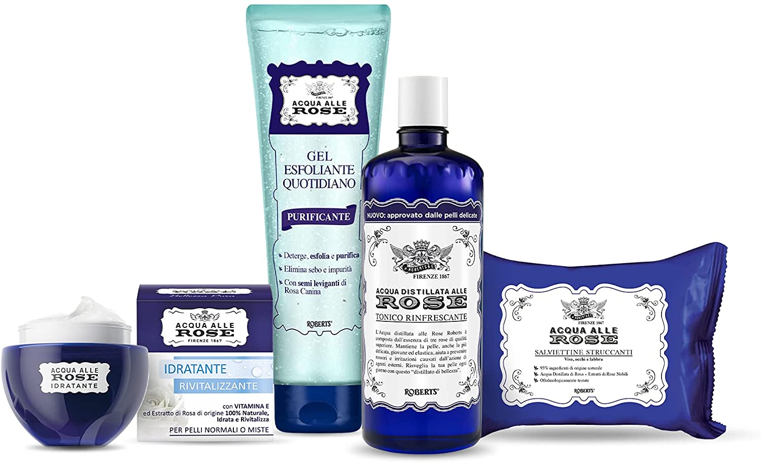 Acqua alle Rose, Kit Routine Idratazione Viso, Tonico Rinfrescante, Crema Viso Idratante, Gel Esfoliante e Salviettine Struccanti