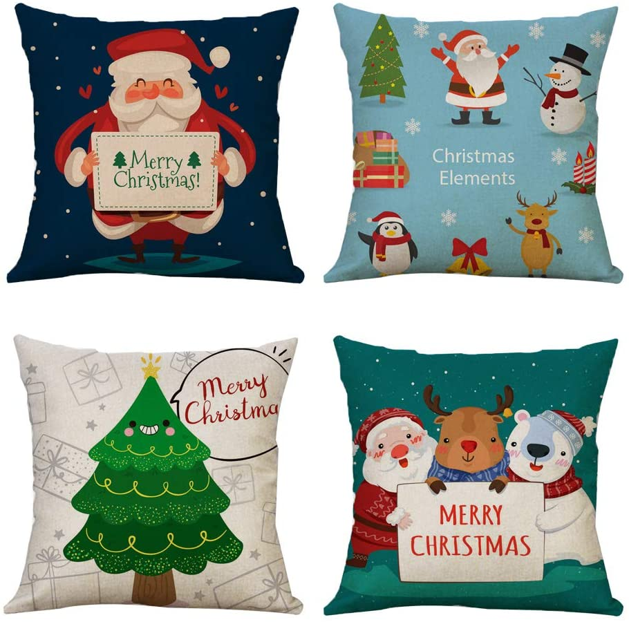 Set 4 Federe Cuscino Natalizie Con Pupazzo Di Neve E Babbo Natale – Rosa, 100% Poliestere, Cerniera Invisibile, 50x50cm