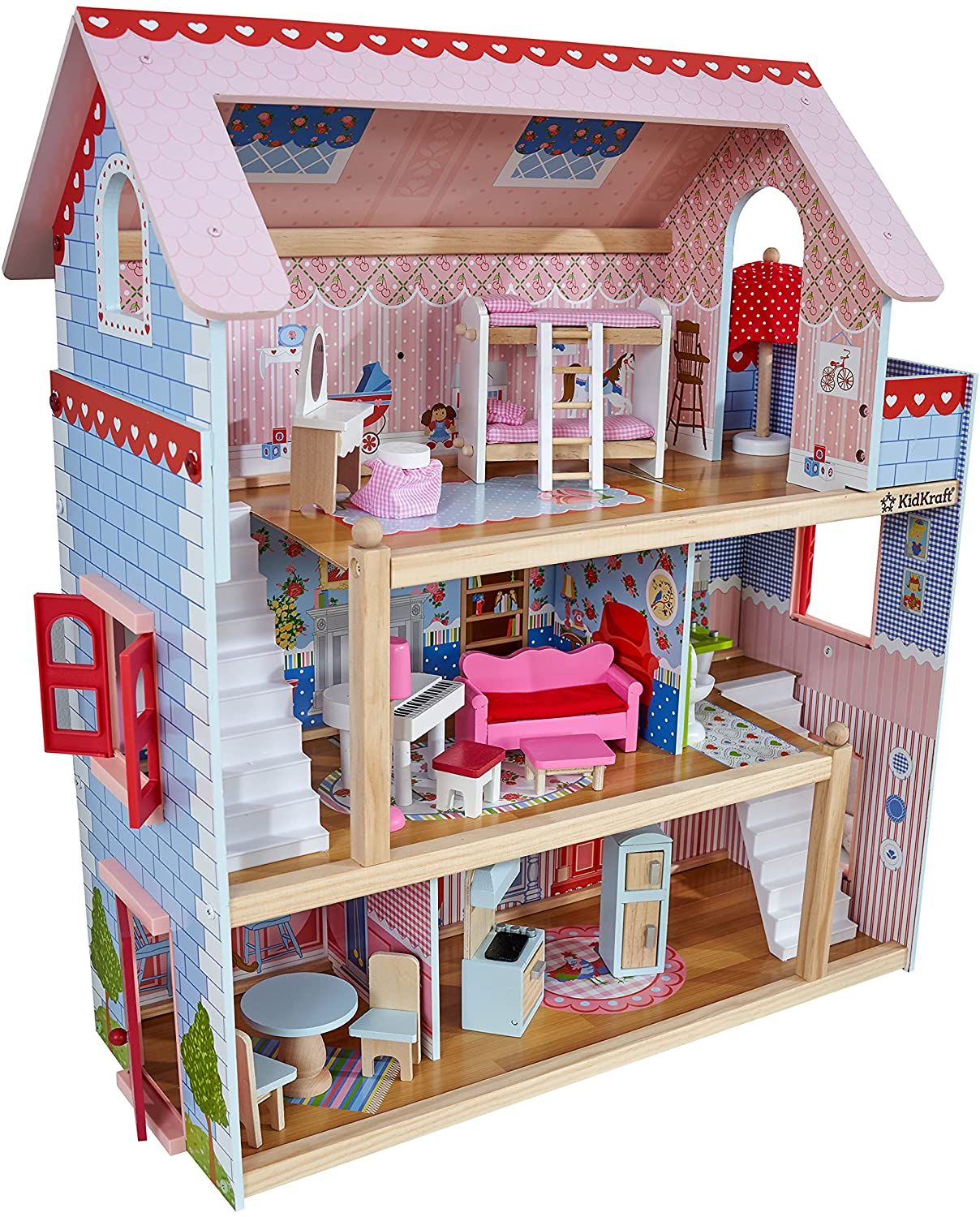 KidKraft 65054 Casa delle Bambole in Legno Chelsea Doll Cottage per Bambole di 12 cm con 17 Accessori Inclusi e 3 Livelli di Gioco