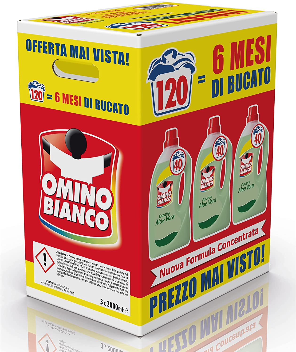 Omino Bianco – Detersivo Lavatrice Liquido, 120 Lavaggi, Fresco Profumo con Essenza di Aloe Vera, 2000 ml x 3 Confezioni