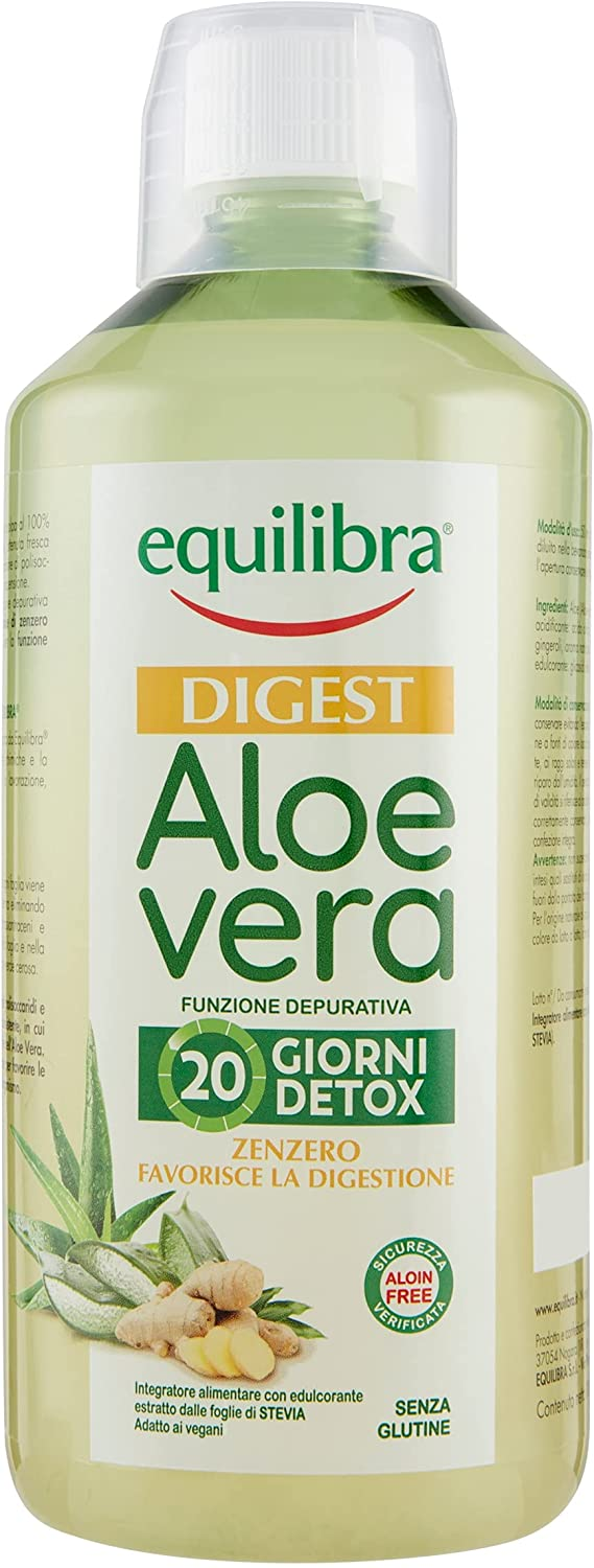 Equilibra Integratori Alimentari, Digest Aloe Vera, Integratore Aloe Vera da Bere Puro o Diluito, Aloin Free, Detox, Pura Polpa, Senza Aggiunta di Acqua, con Zenzero, Digestivo, Senza Glutine, 1 Litro