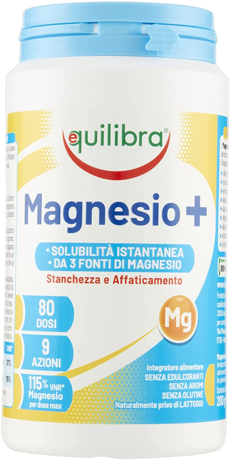 Equilibra Integratori Alimentari, Magnesio + Polvere, Integratore Magnesio, Solubilità Istantanea, 3 Fonti di Magnesio, Riduce Stanchezza e Affaticamento, Senza Aromi, Senza Glutine, 200 g