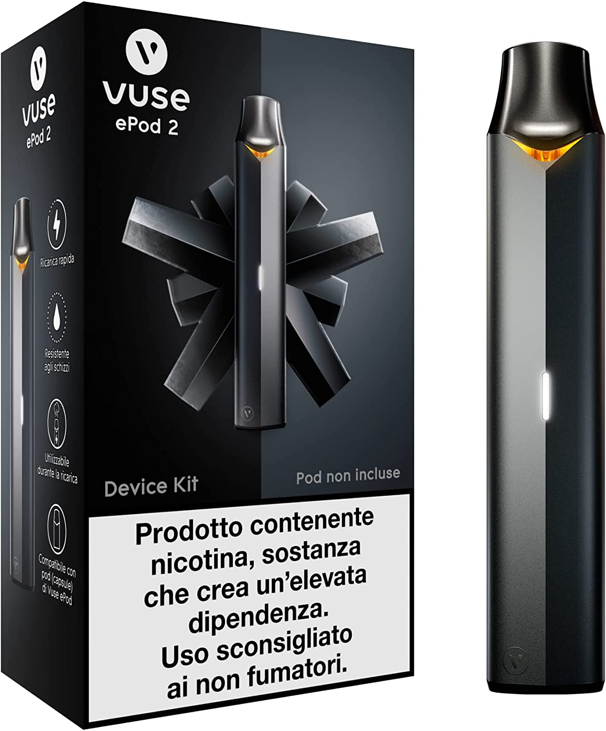 VUSE EPod 2 Nuova Sigaretta Elettronica, Nera, Senza Nicotina, Pods Non