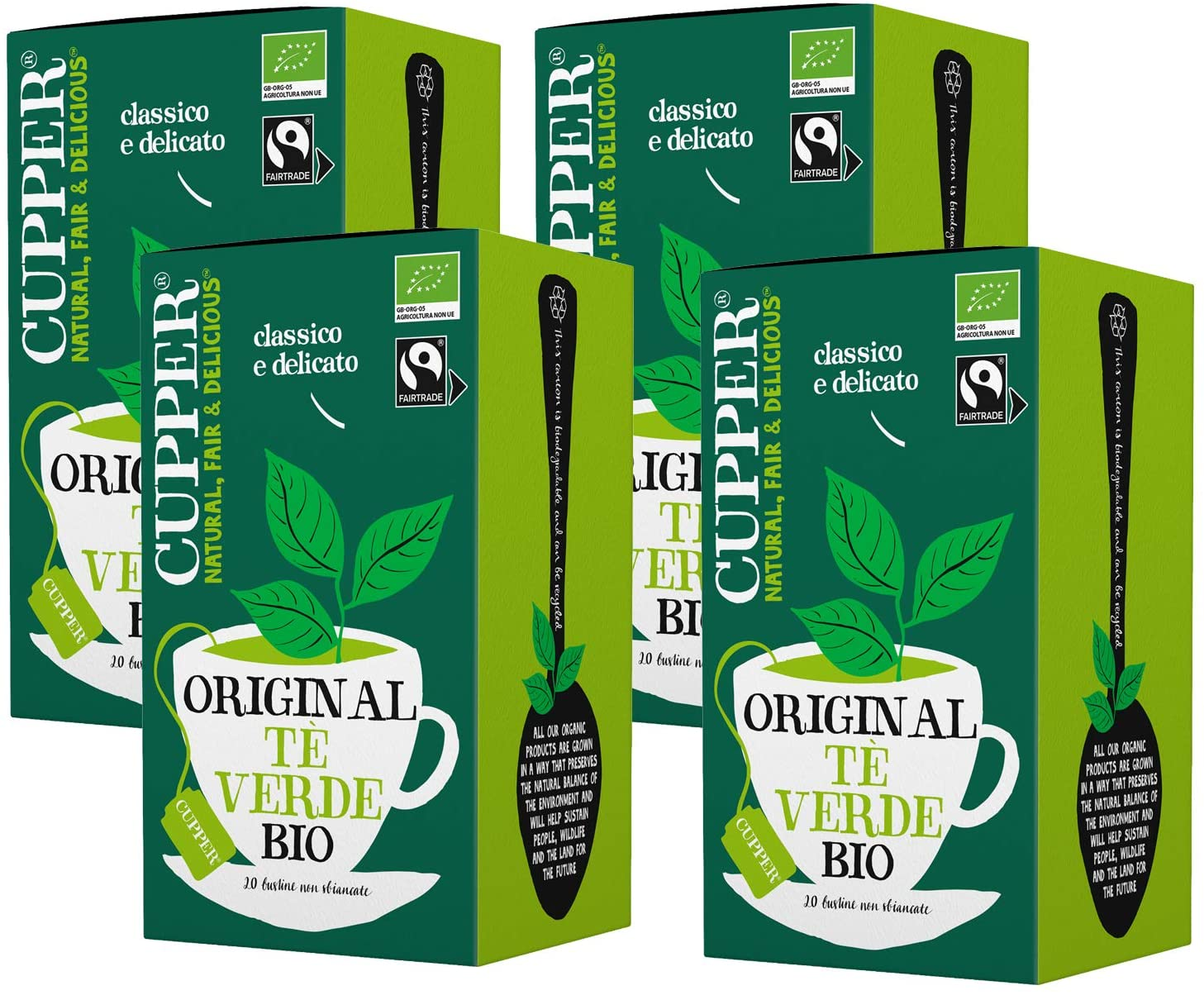 Cupper Tè Verde Biologico Fairtrade (4 confezioni da 20 bustine di tè, totale 80 bustine di tè)
