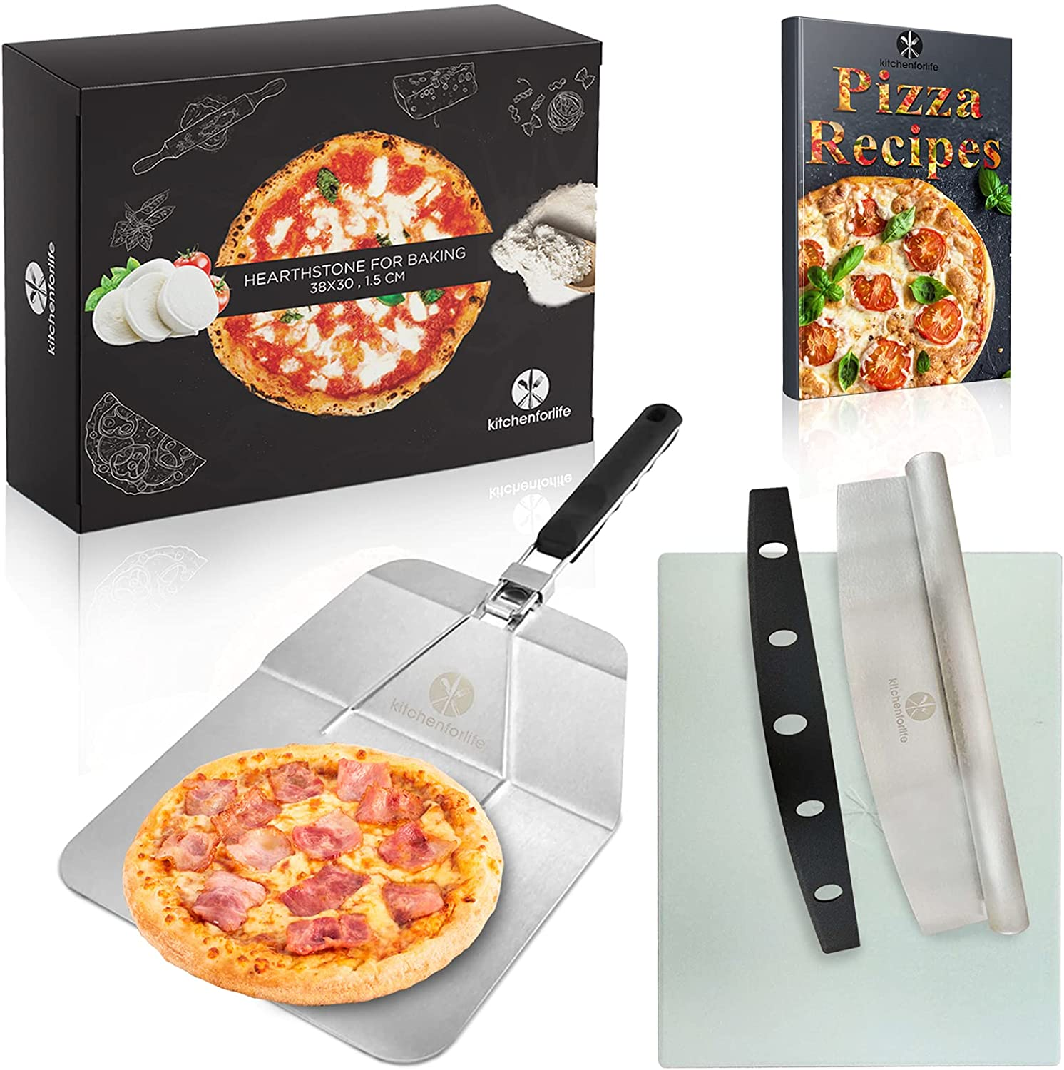 KITCHENFORLIFE Pietra refrattaria per Pizza da Forno(38x30x1.5) Resistente  Fino ai 900°+Pala per Pizza in Alluminio+Taglia Pizza Lama Lunga+ricettario  - ScontiFy.net - Offerte e Coupon: #BESLY!