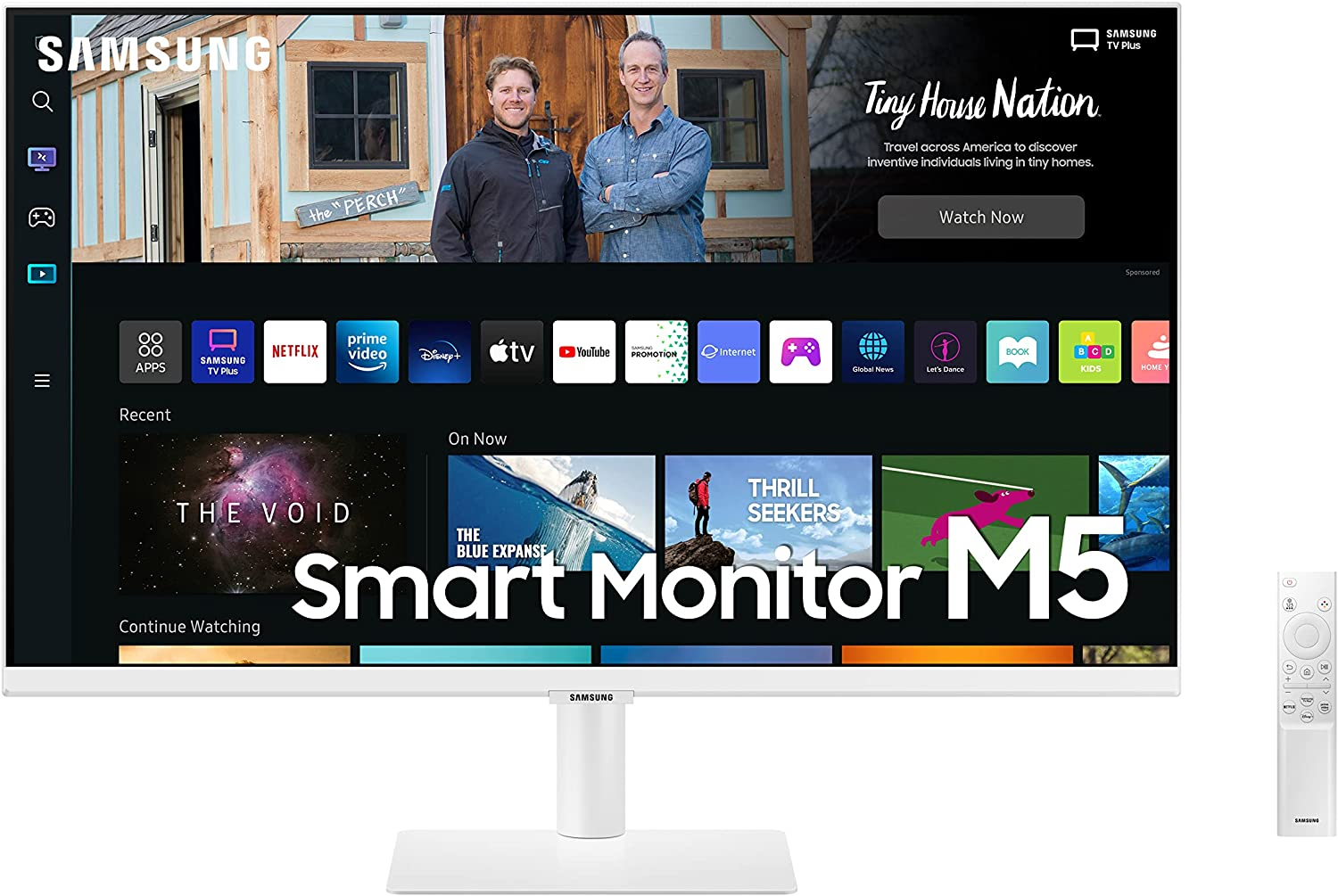 Samsung Smart Monitor M5 (S27BM501), Flat 27”, 1920×1080 (Full HD), Piattaforma Smart TV (Amazon Video, Netflix), Airplay, Mirroring, Office 365, Wireless Dex, Casse Integrate, IoT Hub, WiFi, Bianco