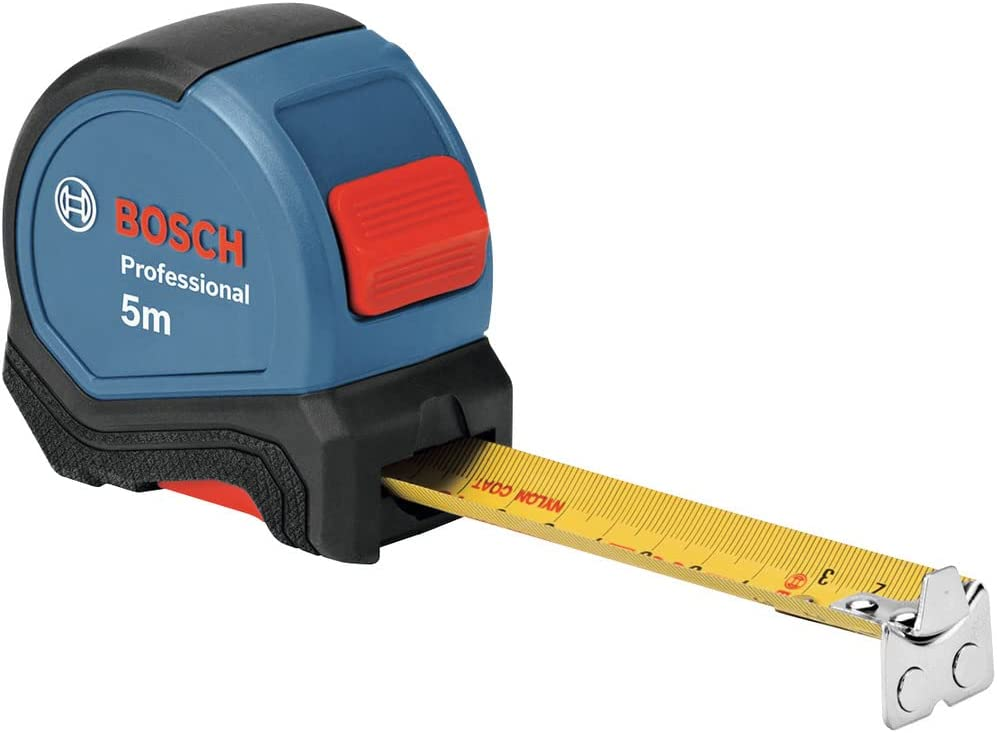 Metro a nastro Bosch Professional, 5 m (comando a una mano, clip per cintura, gancio magnetico, 2 pulsanti Stop, nastro da 27mm in acciaio rivestito in nylon) – Amazon Exclusive