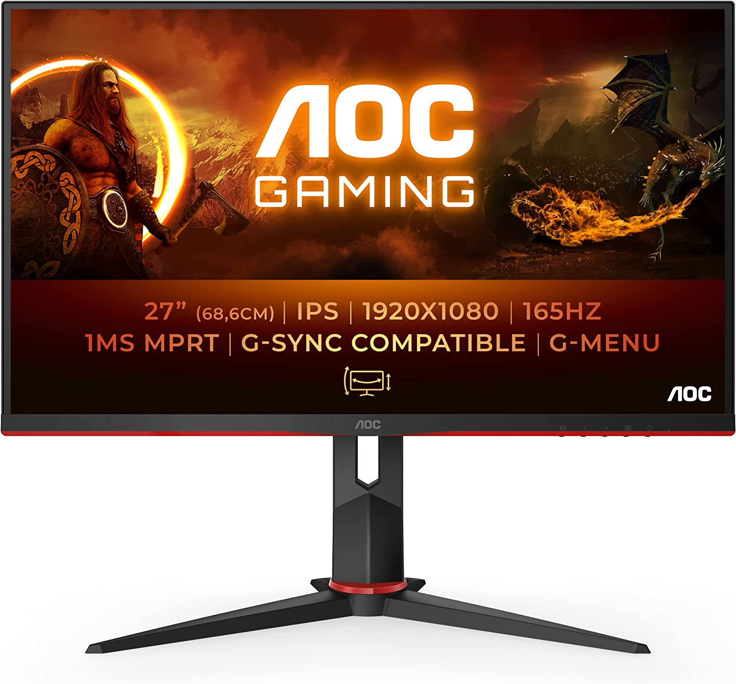 AOC Gaming 27G2SPU – Monitor FHD da 27 pollici, 165 Hz, 1 ms, FreeSync Premium (1920 x 1080, HDMI, DisplayPort, USB Hub) nero/rosso