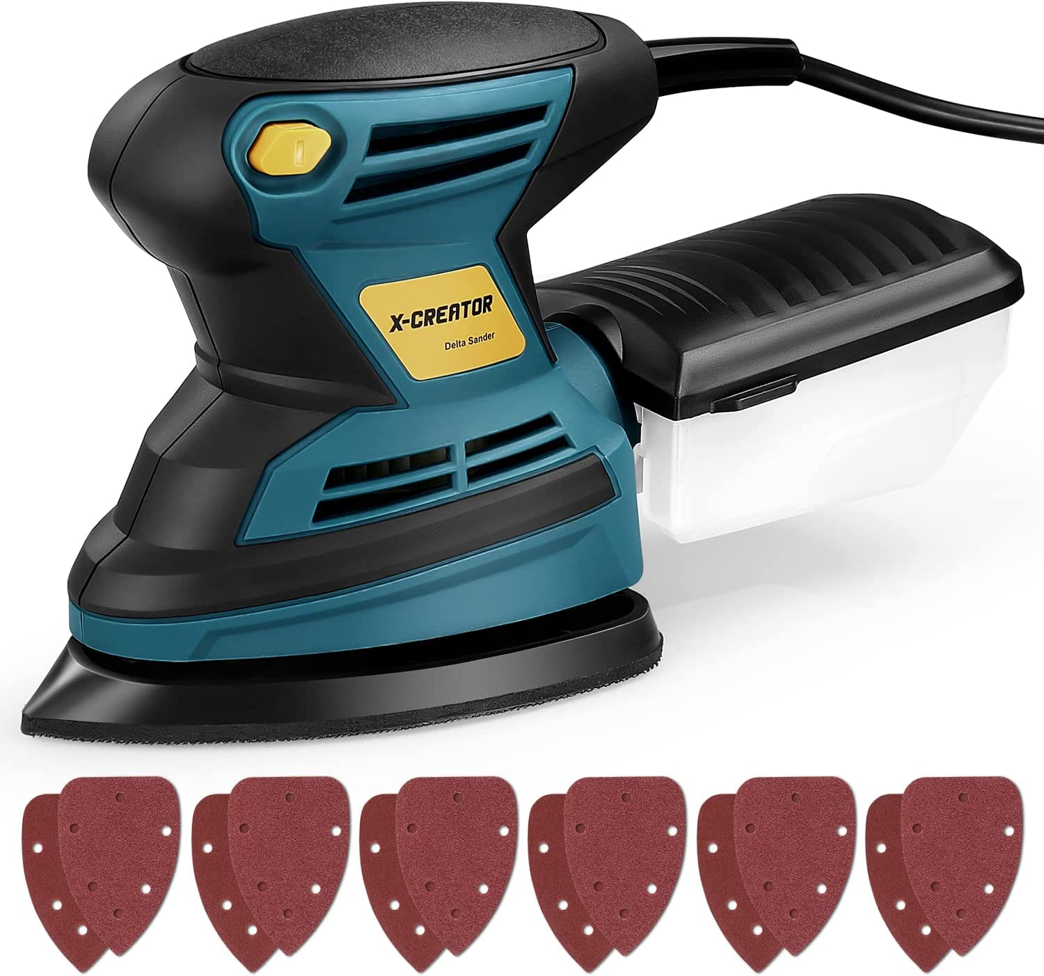 X-CREATOR Levigatrice Detail 200W, 15500 RPM, 12 Carte Abrasive (6 di 60 Graniglie, 6 di 120 Graniglie), Contenitore per polvere