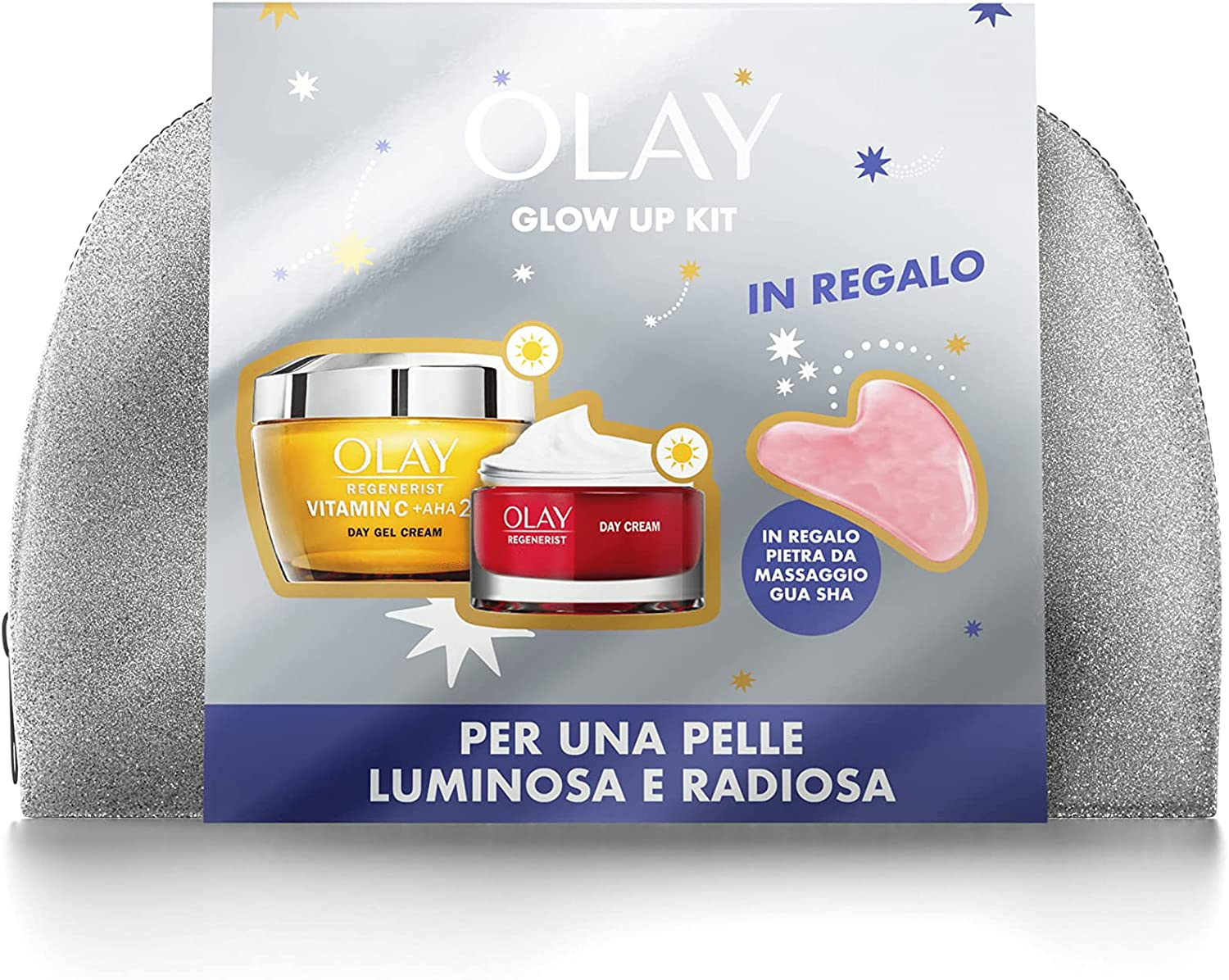 Set Regalo Olay Con: Crema Viso Vitamin C+AHA24 50ml + Crema Giorno Regenerist In Formato Da Viaggio 15ml + Pochette E Pietra Viso Gua Sha, Per Una Pelle Rassodata E Luminosa