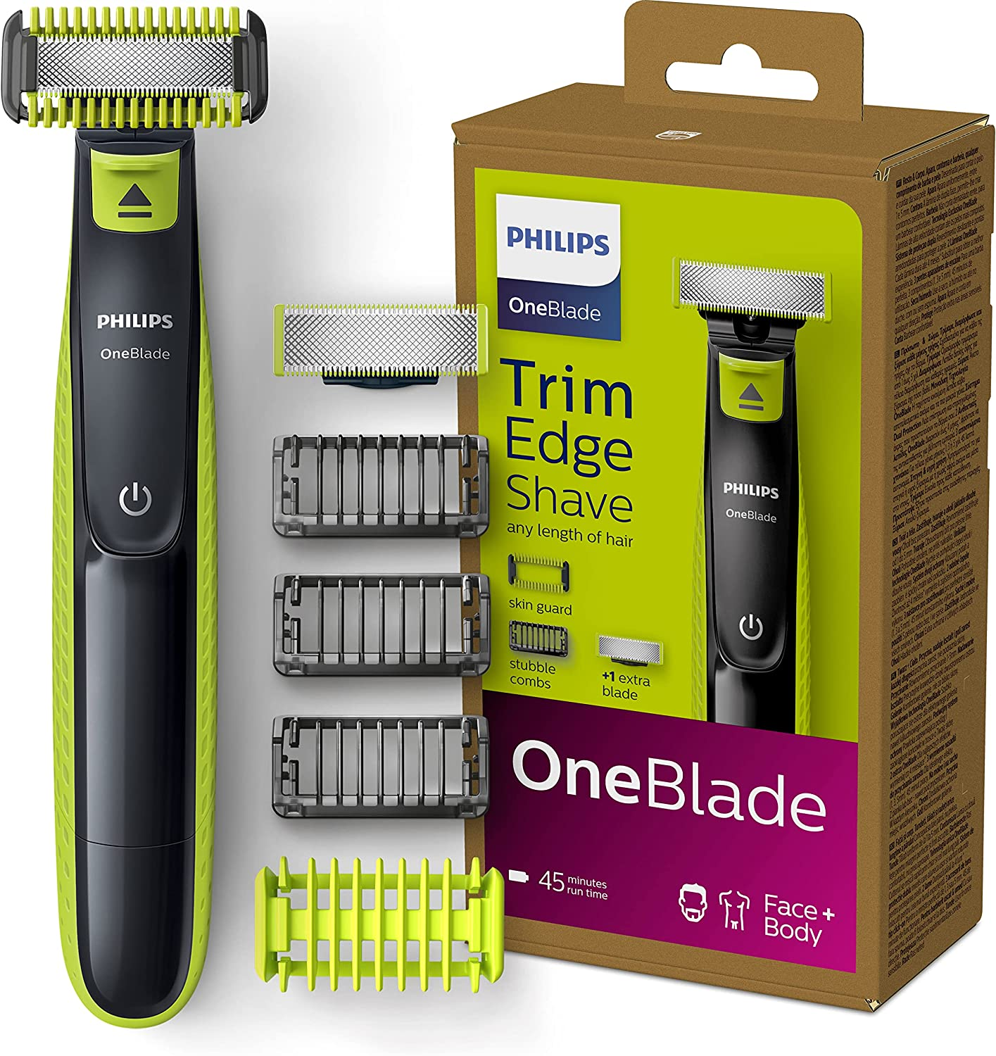 Philips OneBlade Face + Body, rifinitura, styling, rasatura, per qualsiasi lunghezza di capelli, 1 lama per viso e corpo, 4 accessori (modello QP2620/16)