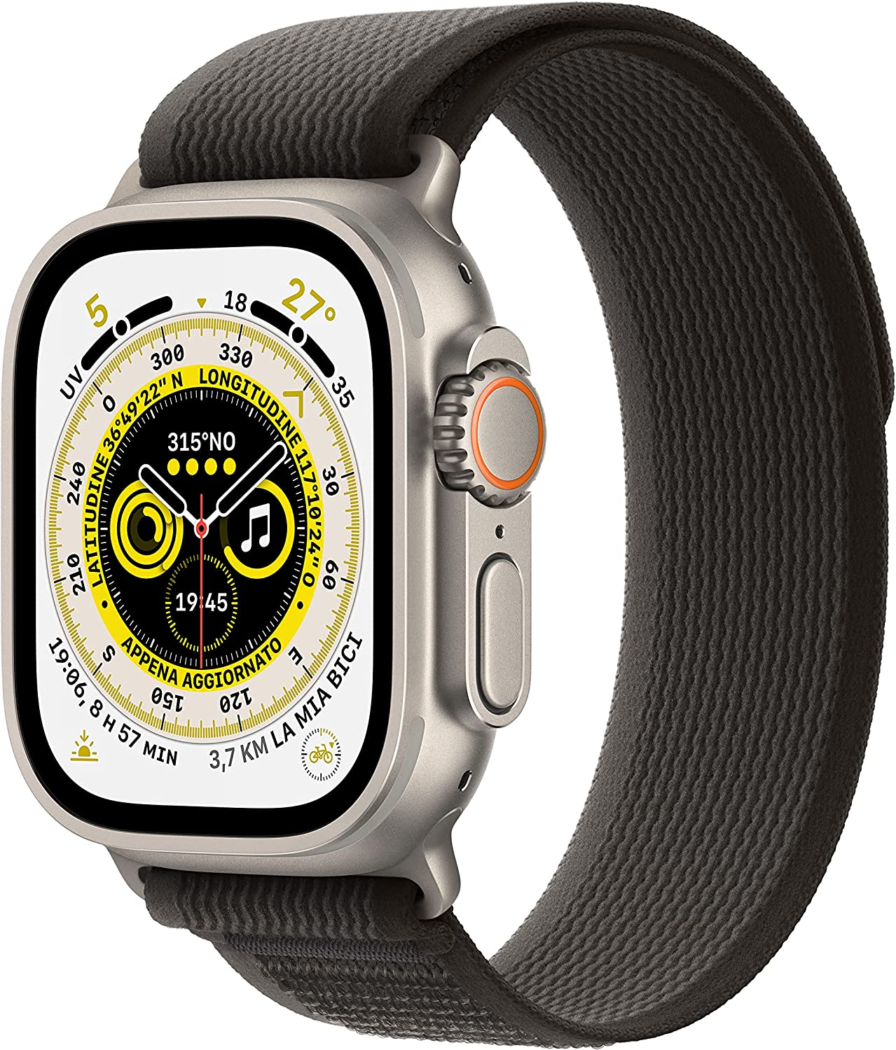 Apple Watch Ultra (GPS + Cellular, Cassa 49mm) Smartwatch con robusta cassa in titanio e Trail Loop nero/grigio – S/M