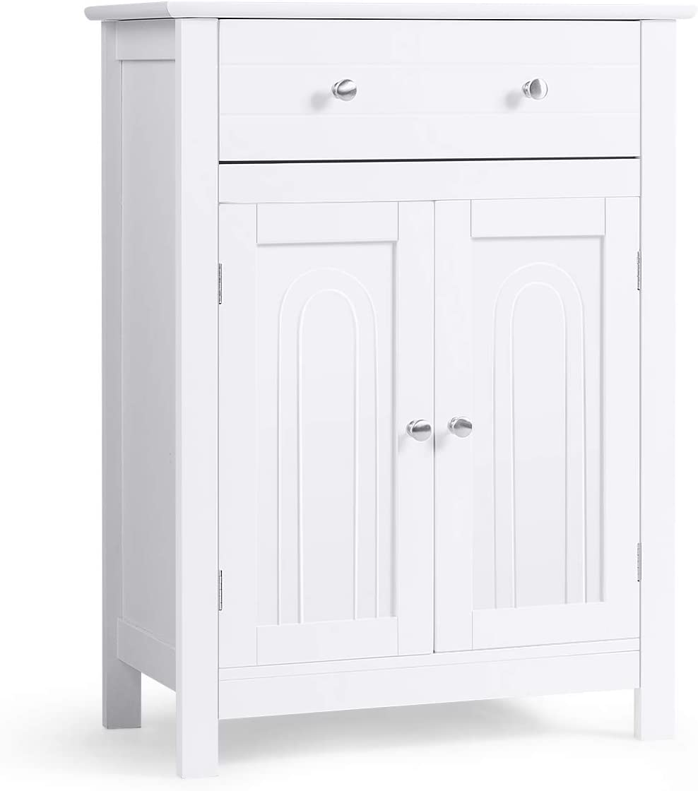 COSTWAY Armadietto da Terra per Bagno, Mobile Autoportante con Cassetto e Mensole, in Legno, Bianco 80x60x30 cm