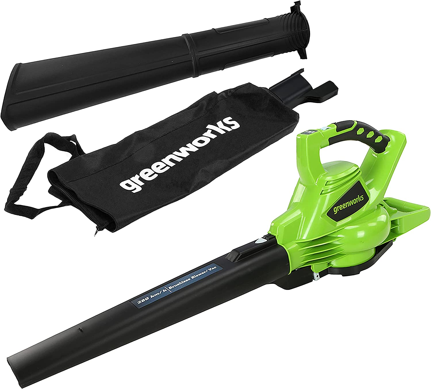Greenworks GD40BV Aspiratore Soffiatore a Batteria per Foglie, con Motore Brushless, 280km/h, 9,63m³/min, Sacco di Raccolta da 45L, SENZA Batteria 40V e Caricabatterie, Garanzia 3 Anni