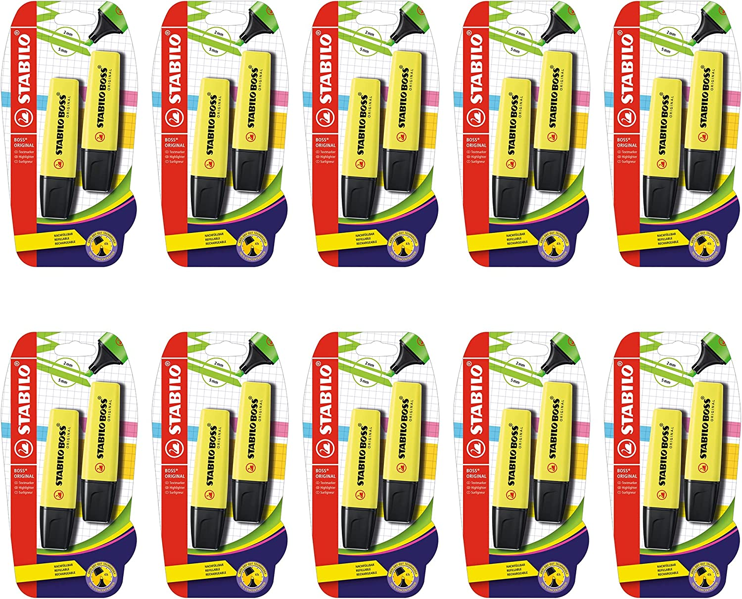 Evidenziatore – STABILO BOSS ORIGINAL – 10 x Pack da 2 – Giallo