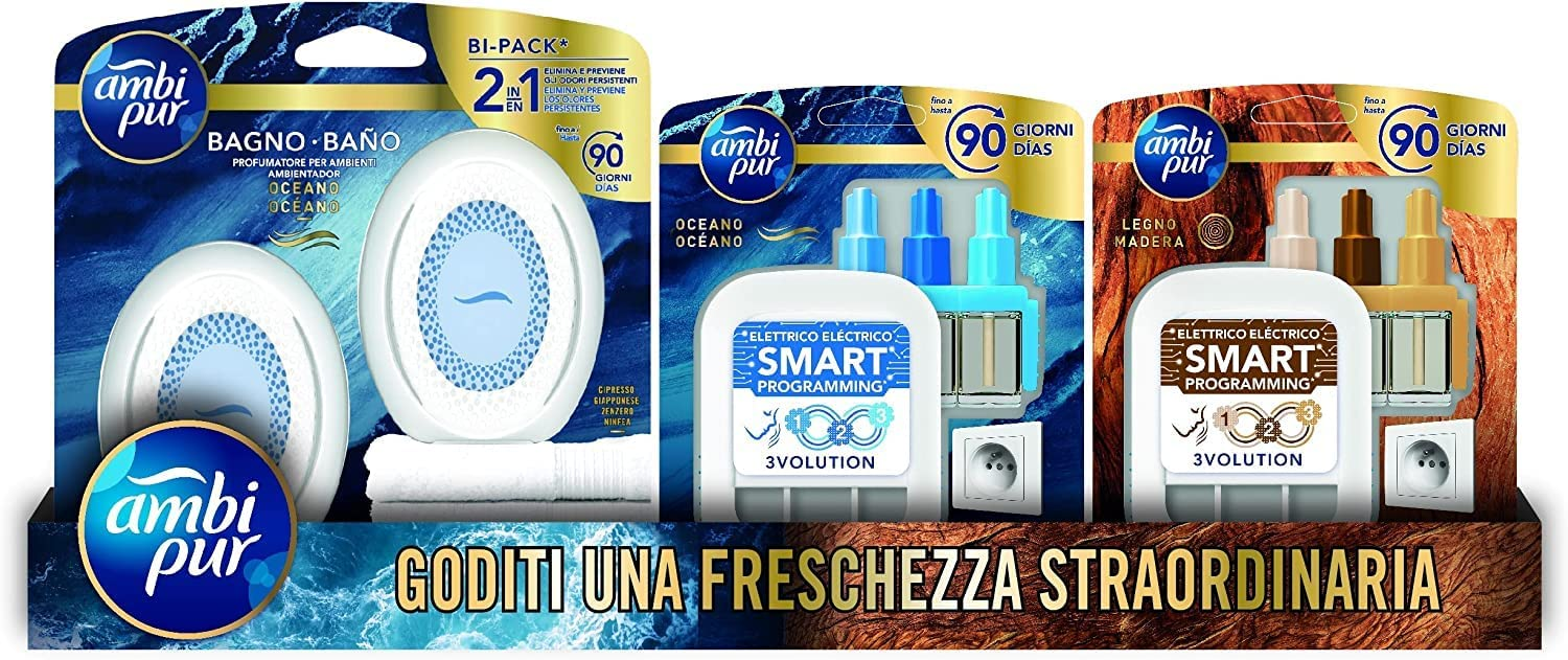 Ambi Pur Profumatore per Ambienti, Idea Regalo Origins, 2 Starter Kit 3Volution Diffusore Elettrico, 1 Ricarica Oceano, 1 Ricarica Legno, 2 Profumatori Bagno Oceano