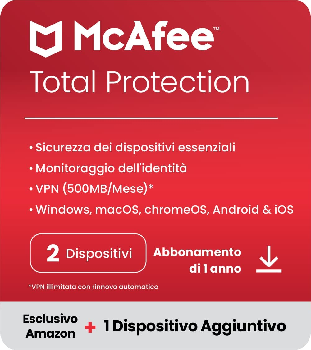 McAfee Total Protection 2023 | 2 Plus 1 dispositivi | Software antivirus per la sicurezza in Internet | VPN | Abbonamento di 1 anno | Codice d’attivazione via email