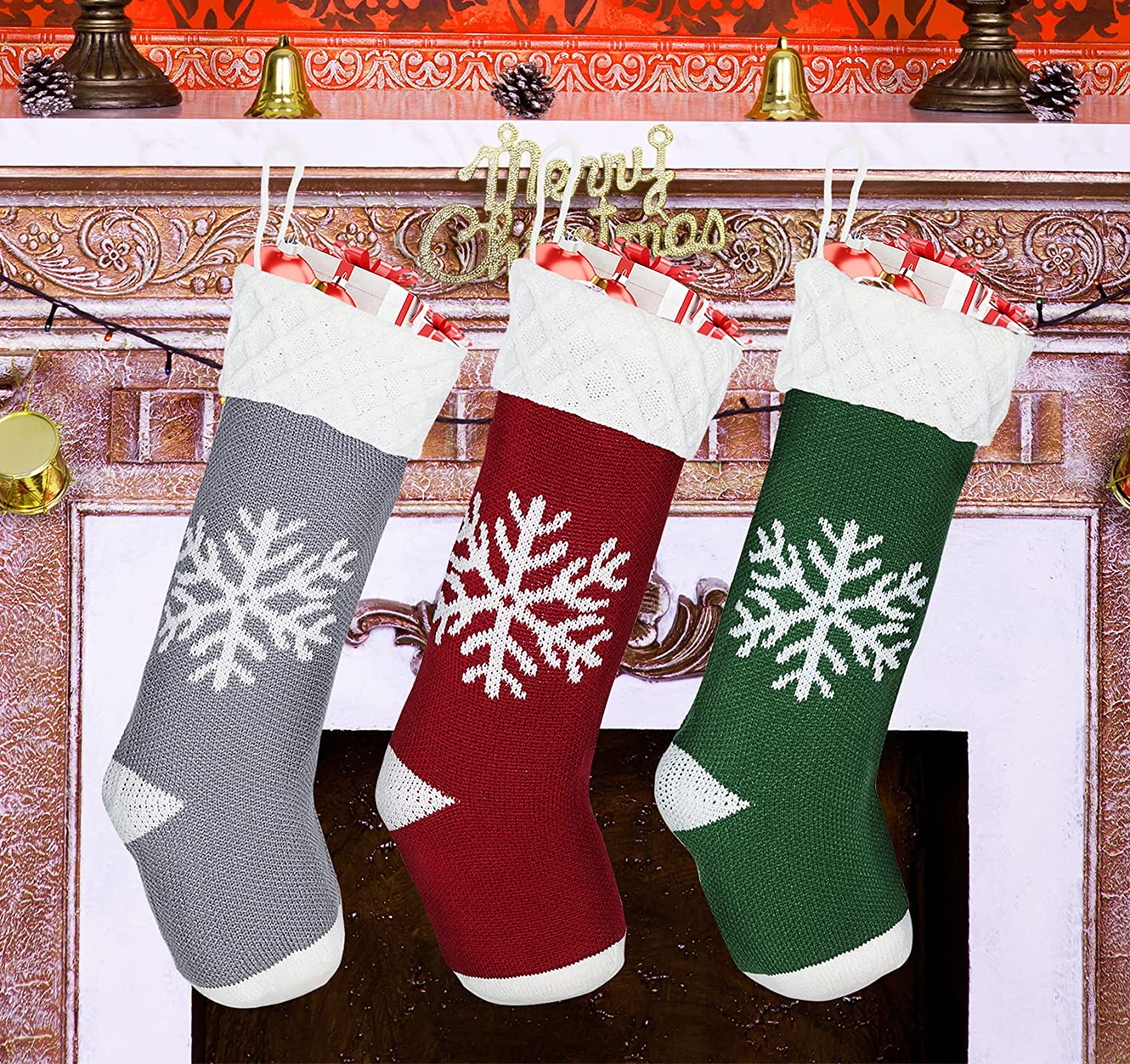 Calza di Natale, Set di 3 Calza Natalizia Grande per Camino, Anstore