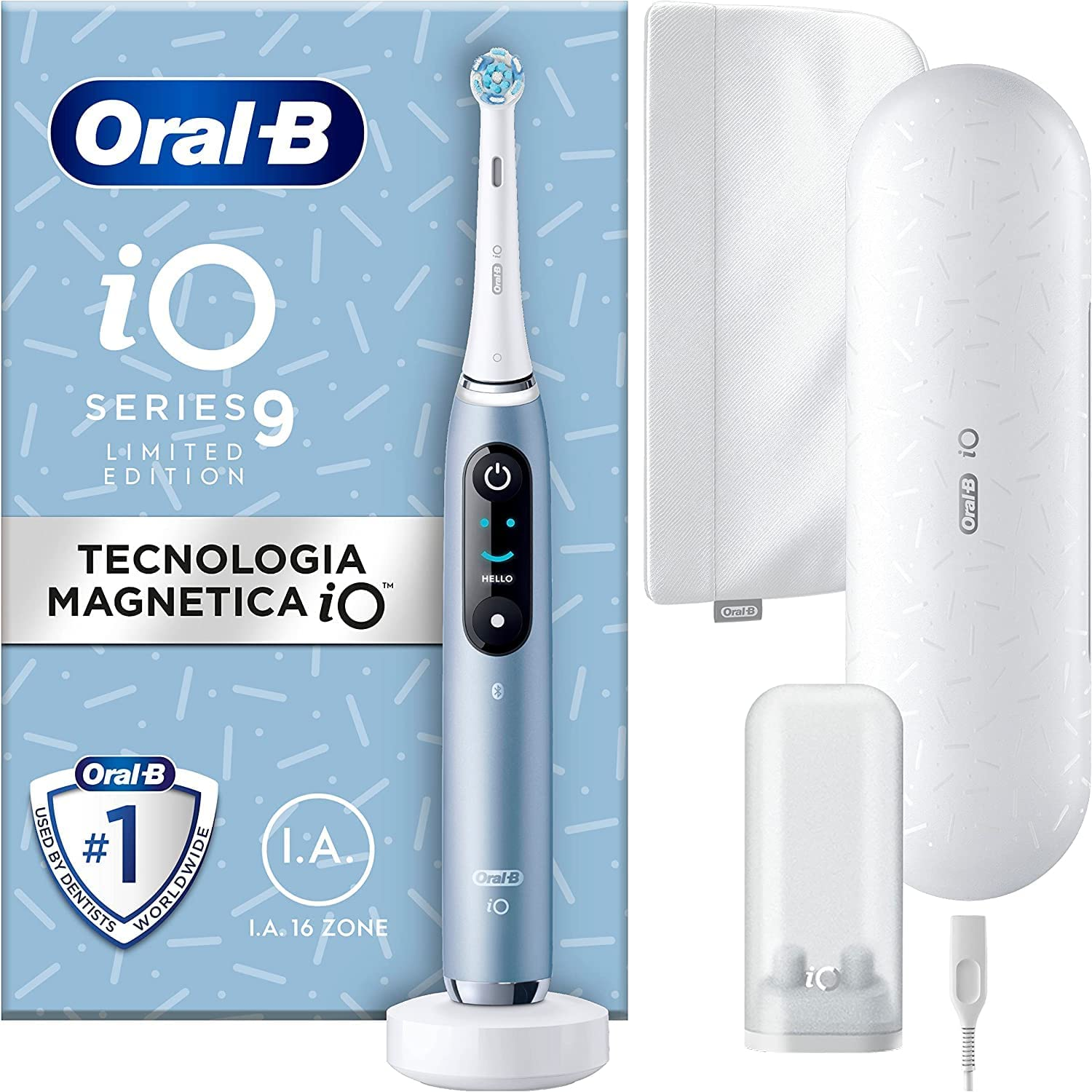 Oral-B Spazzolino Elettrico Ricaricabile iO9 Blu Edizione Speciale, 1 Testina, 1 Astuccio Magnetico, 1 Custodia Da Viaggio Ricaricabile, 1 Spazzolino