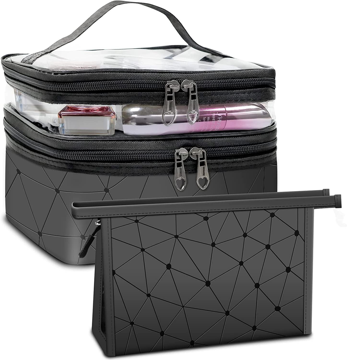Beauty Case da Viaggio Pochette Donna: Set di 2 Borsa Trucchi Porta Trucco Grande Portatile – Nero