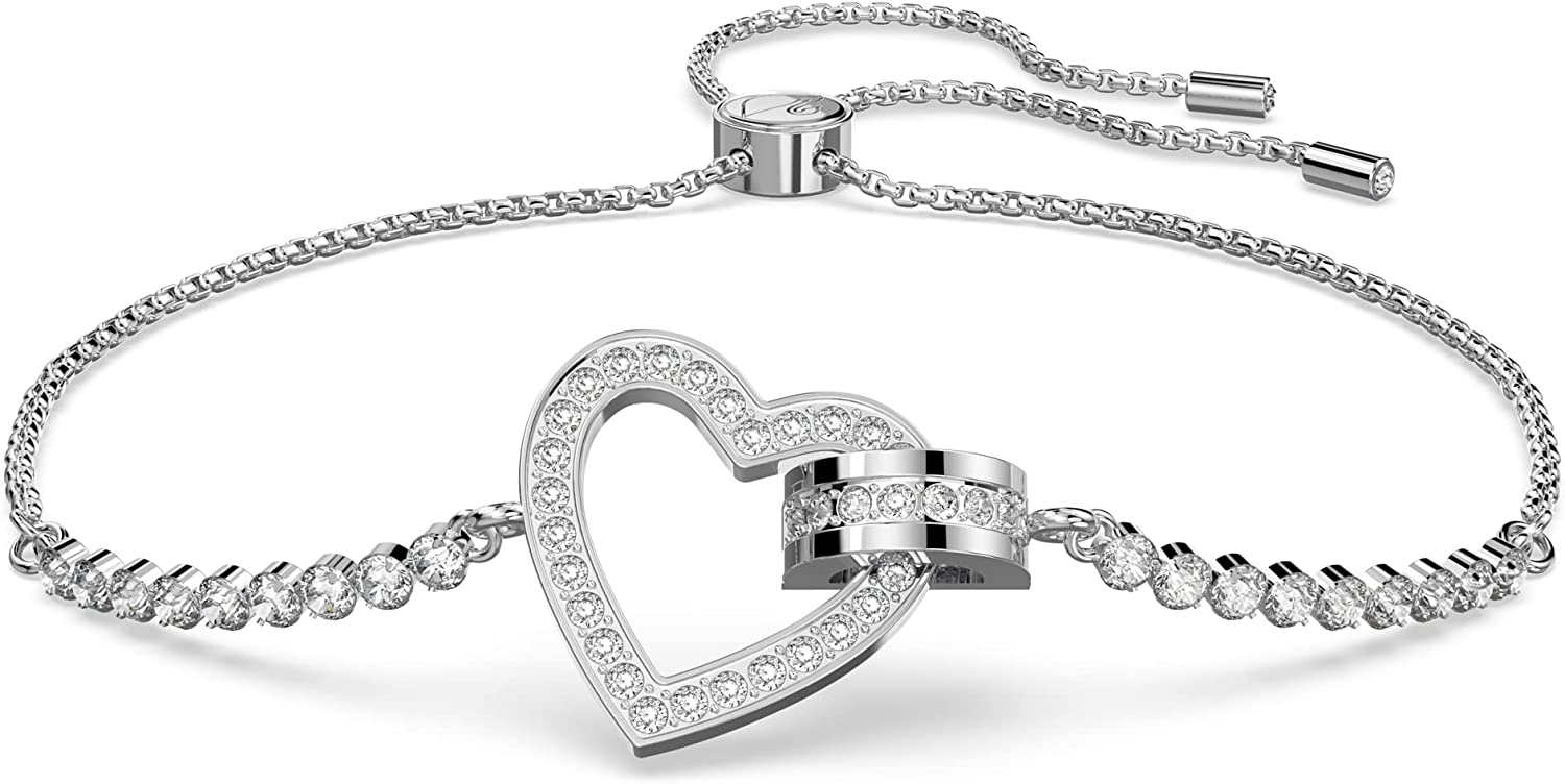 Swarovski Lovely Bracciale in Cristalli Swarovski, Placcato in Tonalità Rodio, con Chiusura Regolabile e Motivo a Forma di Cuore, Taglia M, Bianco, 5636447