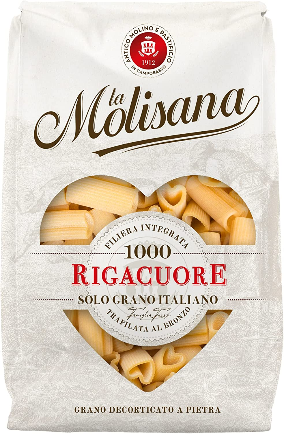 La Molisana, Pasta Rigacuore N.1000, Pasta da Solo Grano Italiano Decorticato a Pietra, Confezione da 500g