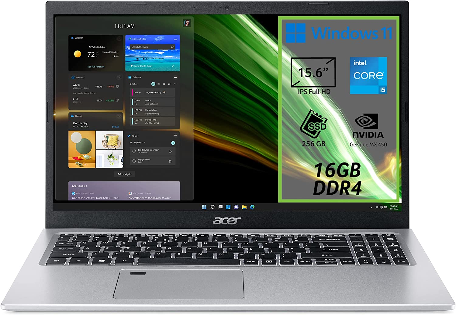 Acer Aspire 5 A515-56G-509E PC Portatile, Notebook, Processore Intel Core i5-1135G7, RAM 16 GB DDR4, 256 GB PCIe NVMe SSD, Display 15.6″ IPS FHD LED LCD, NVIDIA GeForce MX450 2 GB, Windows 11 Home