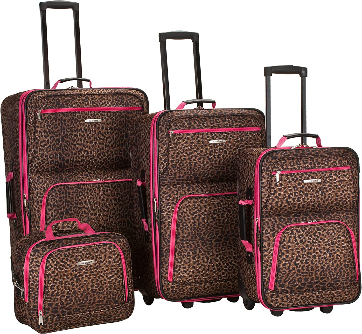 Rockland Jungle Softside Set di valigie verticali, Rosa leopardato., 4-Piece Set (14/29/24/28), Jungle Softside Set di valigie verticali