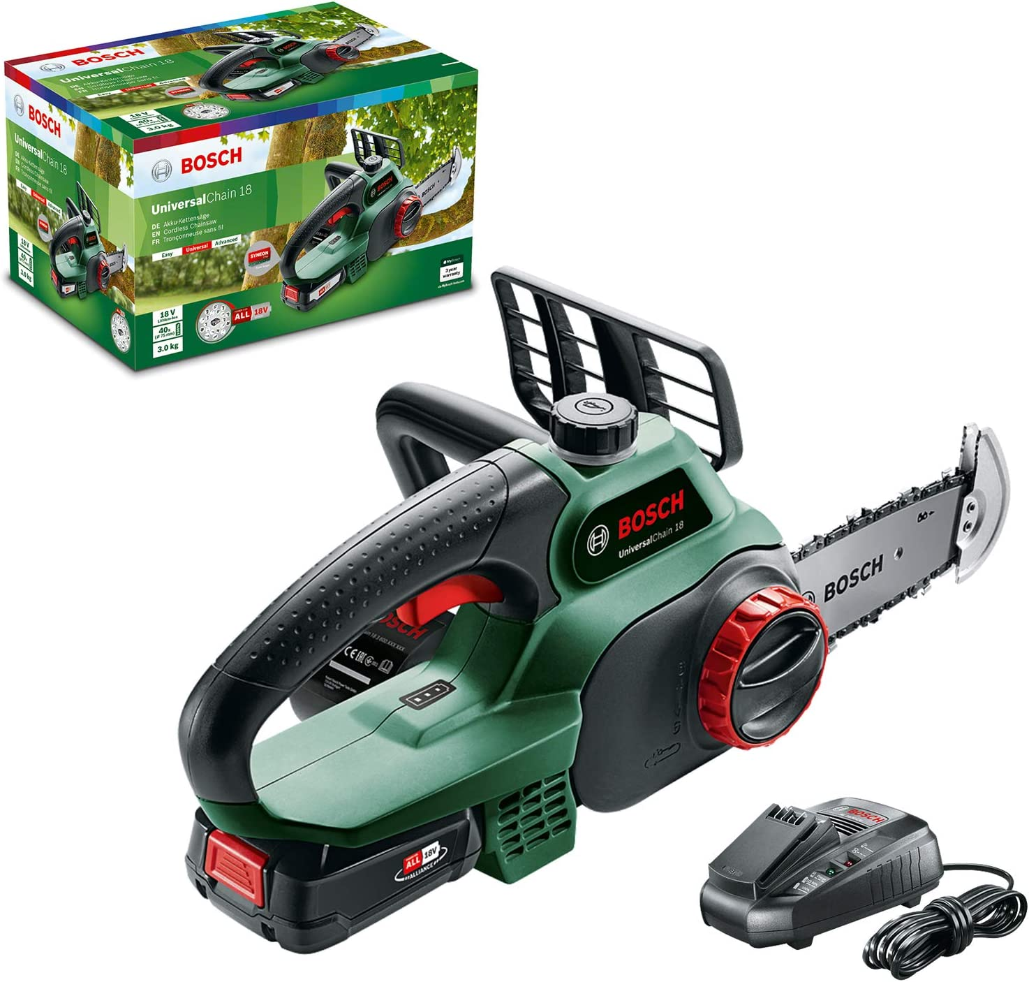 Bosch UniversalChain 18 Motosega Elettrica Senza Fili Con Batteria, 34.5 x 20.5 x 23.5 Cm, Verde Nero