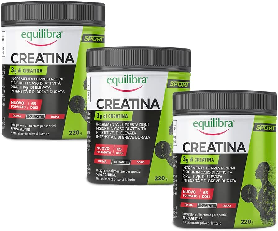 Equilibra Integratori Alimentari, Creatina, Integratore Energia per Sportivi, a Base di Creatina, Incrementa le Prestazioni Fisiche in Caso di Attività Ripetitive, Senza Glutine, 3 Barattoli da 220 g