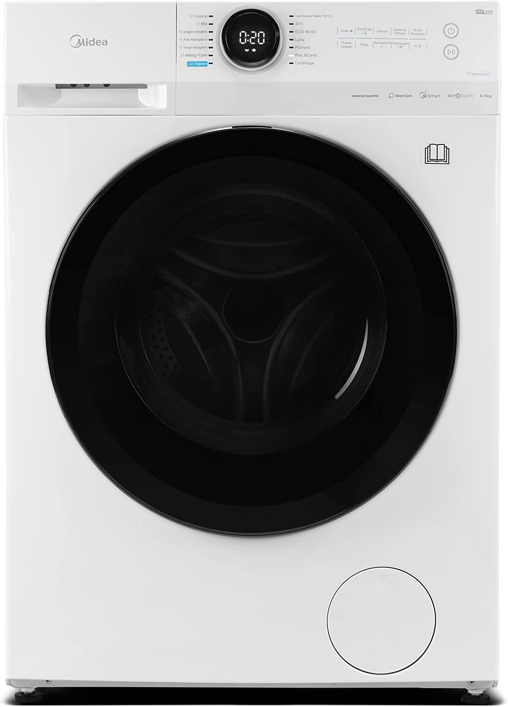 Midea MF200D80WB-E Lavasciuga a Carica Frontale, Motore Inverter, Display touch a LED, Vapore,Turbo Wash, Smart Control,1400 RPM, Carico 8/6 Kg, Bianco