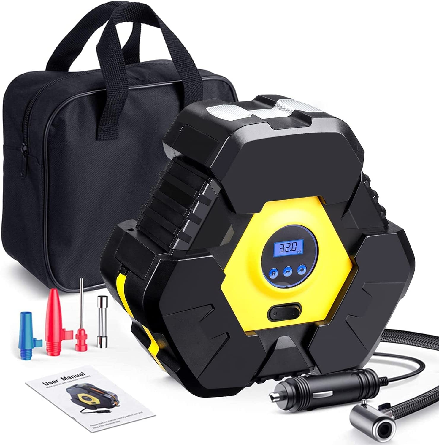 Audewdirect Compressore d’Aria Gonfiatore Portatile, Compressore per Auto, Pompa Digitale 12 V 150PSI con Luce LED
