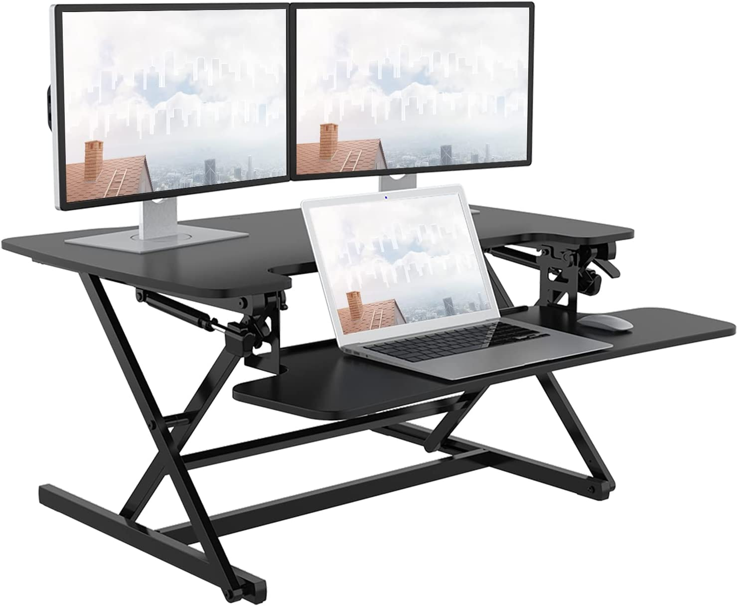 FLEXISPOT M8MB Scrivania Portabile Scrivania Seduta o in Piedi Scrivania Regolabile in Altezza 89 * 59 cm Scrivania da Tavolo con Doppio Monitor Rialzato (Nero)
