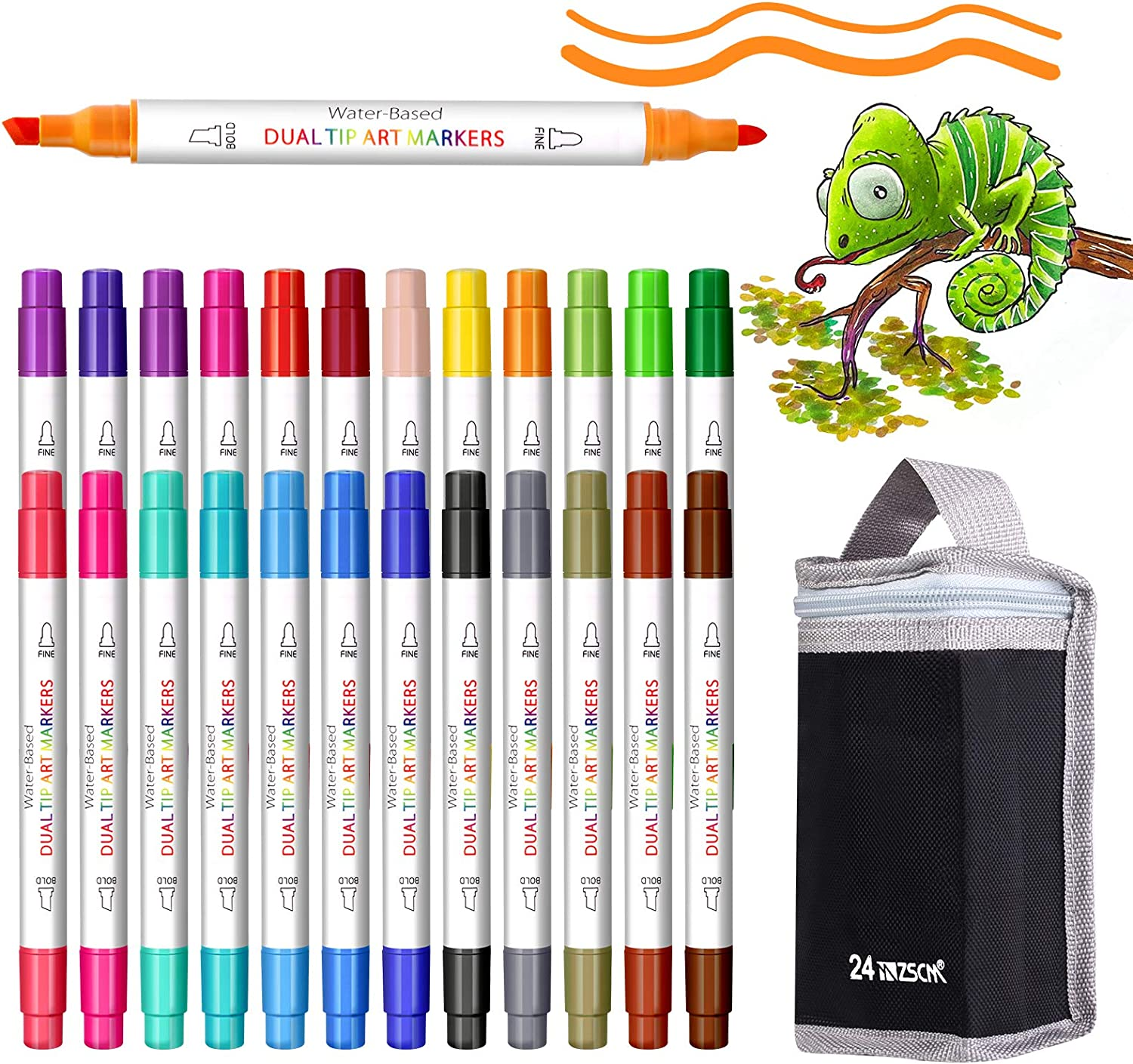 ZSCM Doppia Punta Markers, 24 colori Fine&Broad Point Pennarelli per artisti a base d’acqua Evidenziatori, per bambini Creazione di biglietti di Disegno Bullet Journal Materiale scolastico