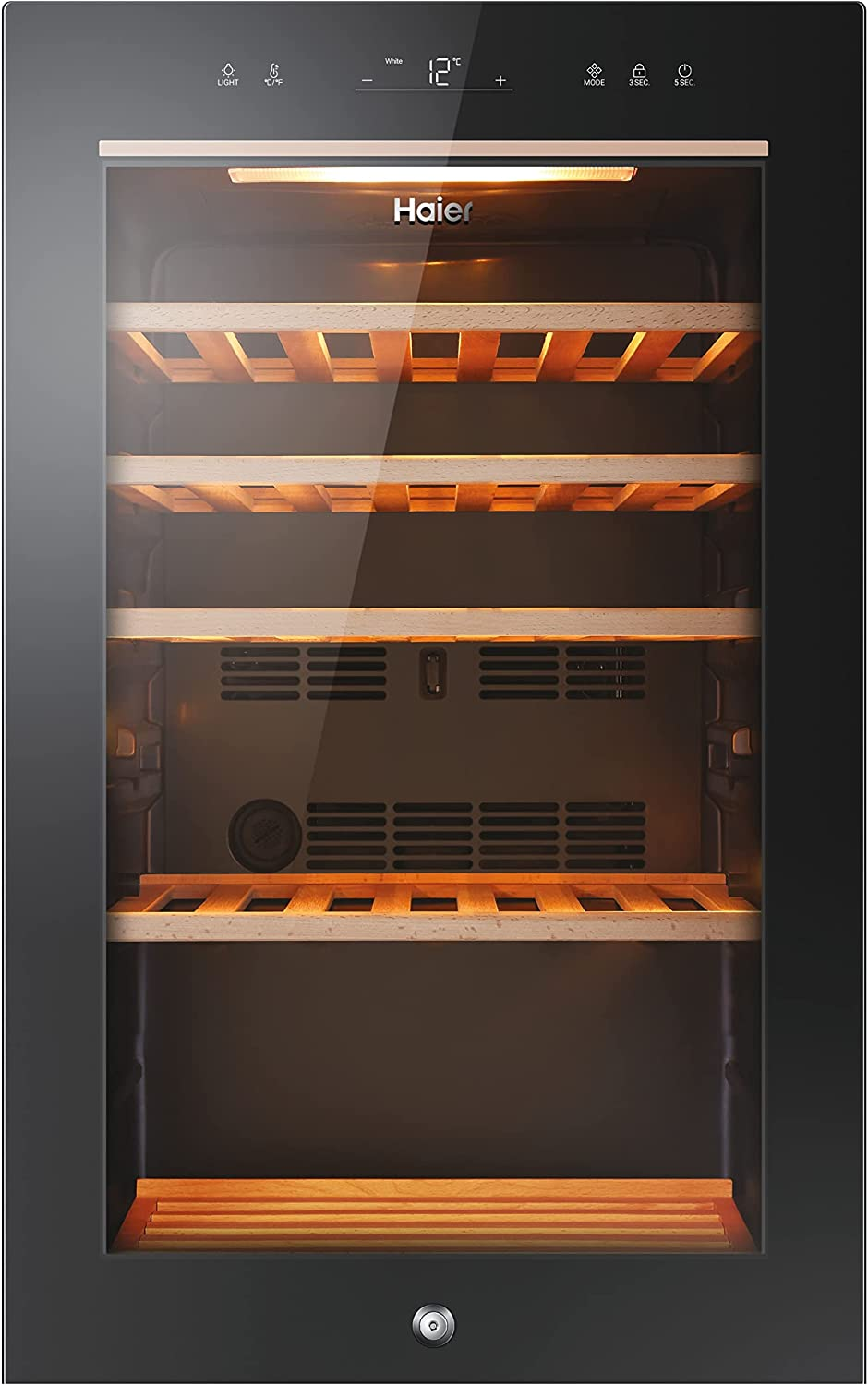 Haier Wine Bank 50 Series 5 Cantinetta Vino Refrigerata, 49 Bottiglie, Luci a LED e Vetro anti UV, Ripiani in Legno, 37 dBa