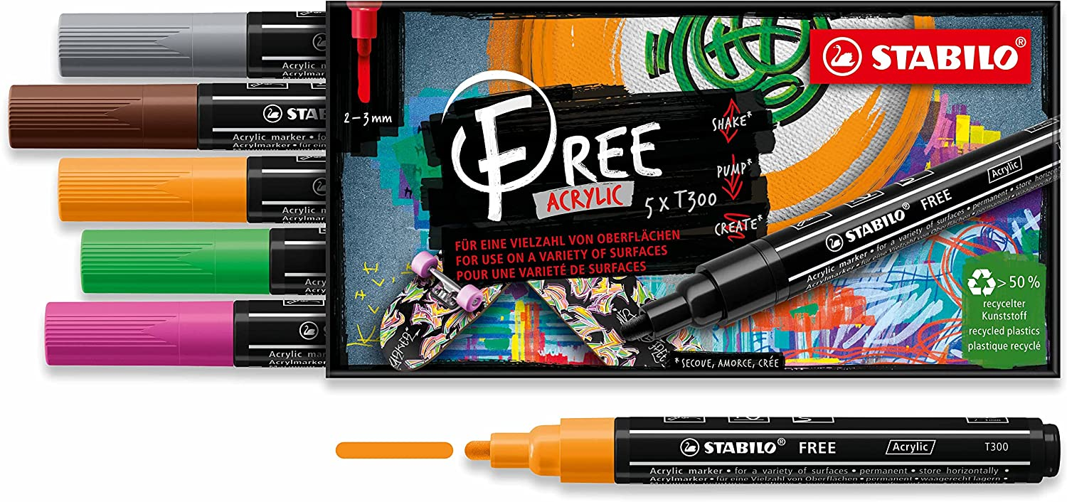 Pennarello acrilico – STABILO FREE Acrylic – T300 Punta rotonda 2-3 mm – Vintage Edition – Astuccio da 5 Marker – Colori assortiti
