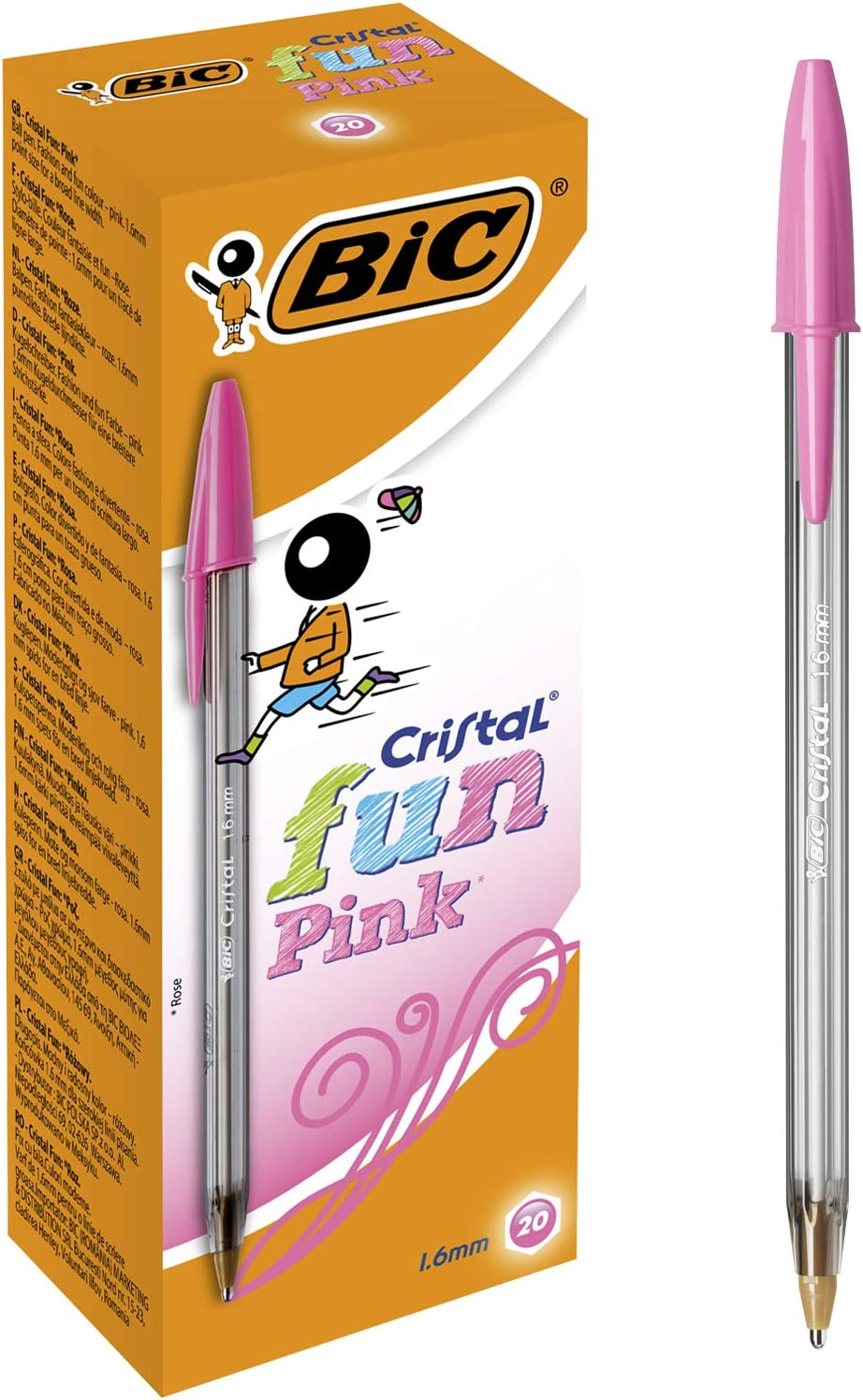 BIC Cristal Fun 929056 – Penne a sfera 1.6 mm largo inchiostro, pasta rosa, Confezione da 20 Pezzi