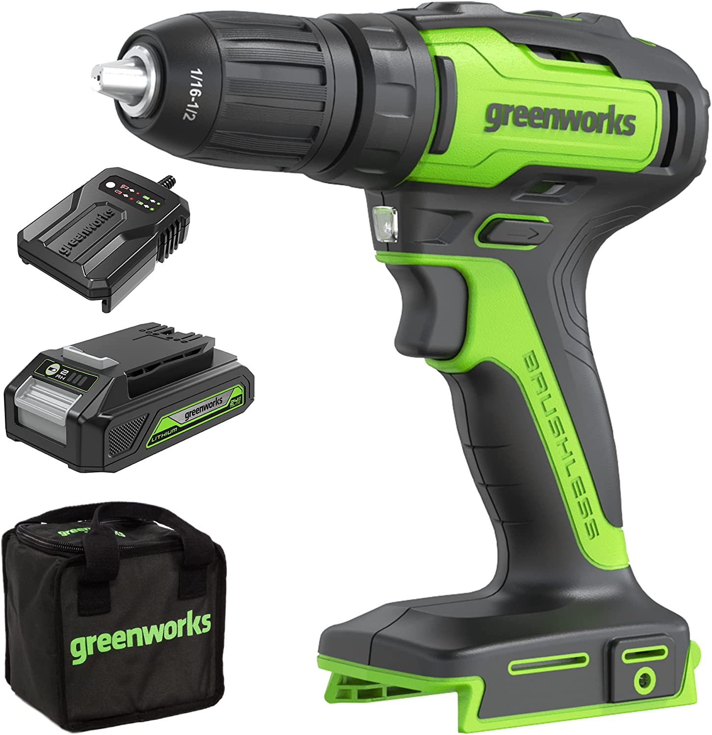 Greenworks GD24DD35K2 Trapano Avvitatore a Batteria con Motore Brushless, 0-1450 giri/min., 2 Marce, 35Nm di Coppia, Batteria 24V 2Ah e Caricabatterie, Borsa, Garanzia 3 Anni