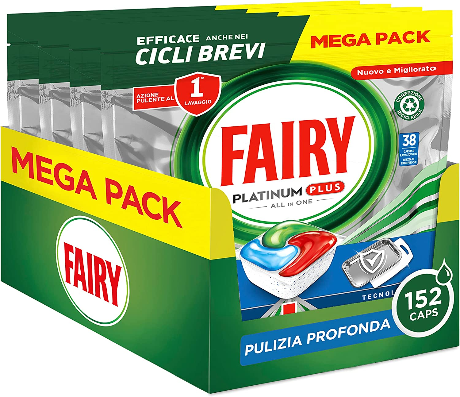 Fairy Platinum Detersivo Pastiglie Lavastoviglie Plus, Brillantante, 152 Capsule Lavastoviglie, Brezza Di Erbe Fresche