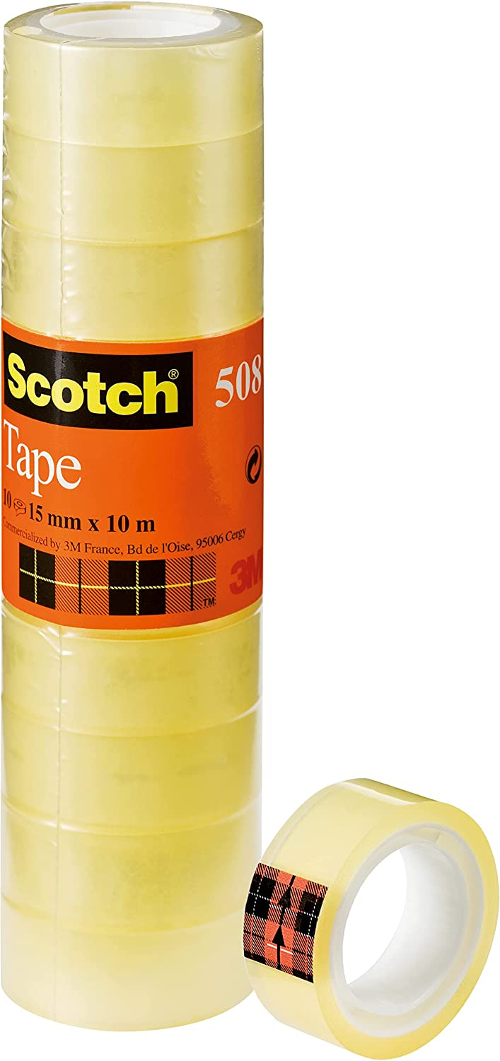 Scotch Nastro Adesivo 3M, Trasparente Acrilico, 15 mm x 10 m, Confezione Torretta da 10 Pezzi
