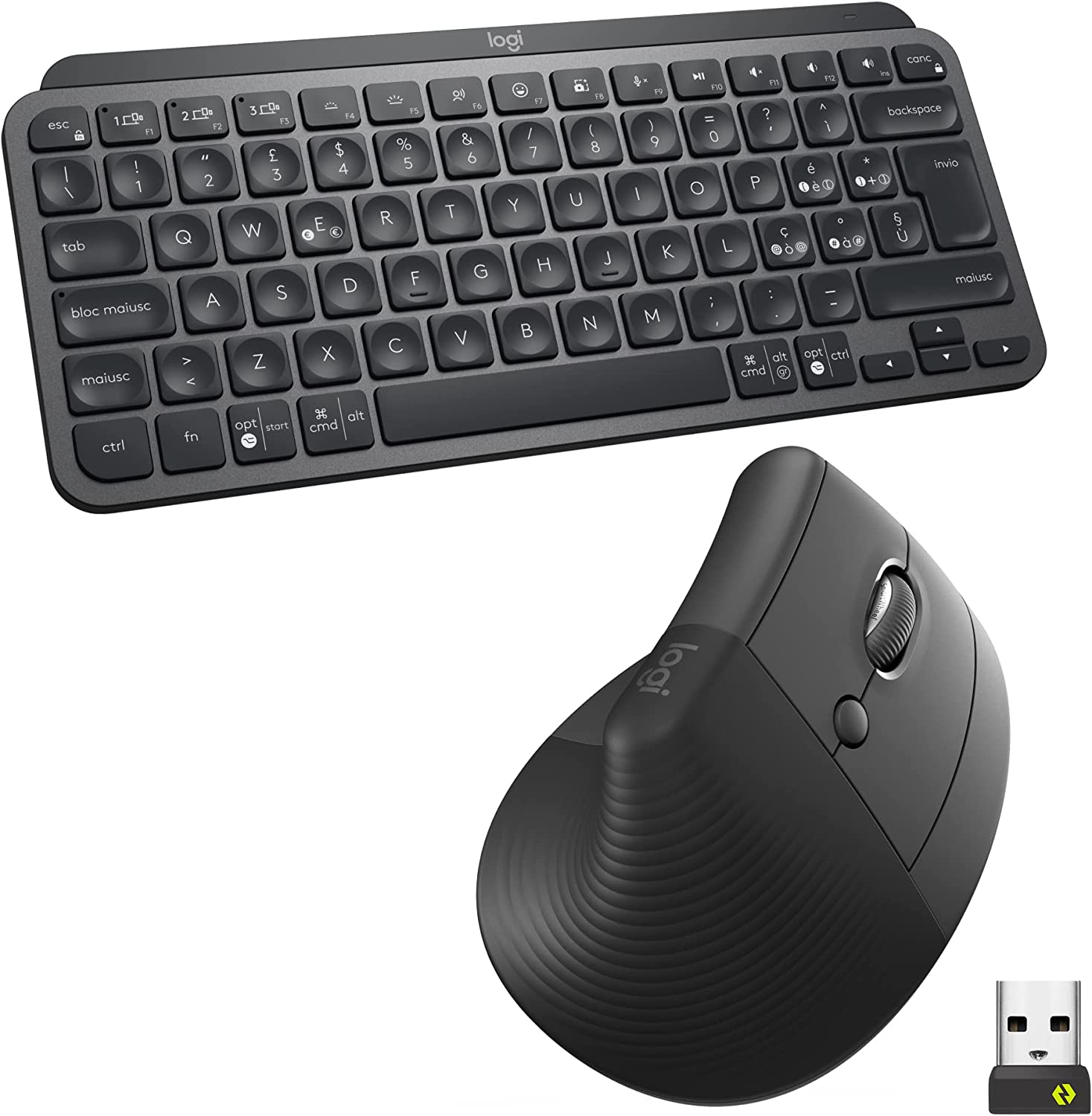 Logitech MX Keys mini tastiera e mouse verticale ergonomico kit, Wireless, tasti retroilluminati, Bluetooth o ricevitore USB Logi Bolt, silenzioso, Windows/macOS/iPadOS, Laptop, PC, QWERTY IT – Grigio