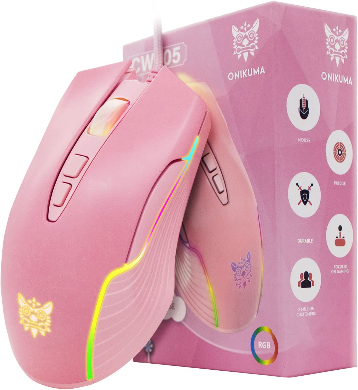 azamp Mouse Gaming PC,Sensore Ottico 6400 DPI,Mouse da Gioco Ergonomico con 7 Pulsanti Programmabili e 7 Effetti Luce RGB ,Maus Gaming con Fili per PC/Laptop/MacBook – Rosa