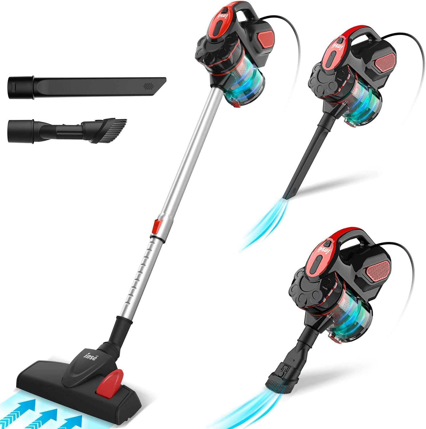 INSE Scopa Elettrica con Filo, Aspirapolvere Senza Sacco, 18kPa 600 W, con Cavo 6m, 3 in 1, per Pavimenti Duri e Peli di Animali Domestici