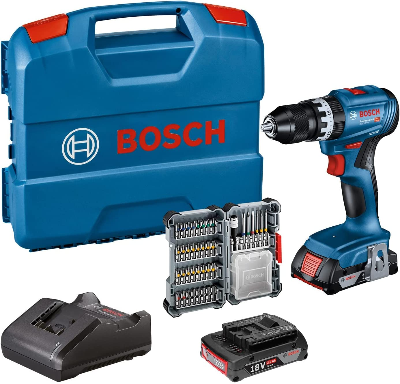 Bosch Professional Trapano avvitatore a percussione a batteria GSB 18V-45 (velocità di rotazione 1.900 minuti¹, 2 batterie da 2,0 Ah, accessori, GAL 18V-20, L-case) – Amazon Exclusive