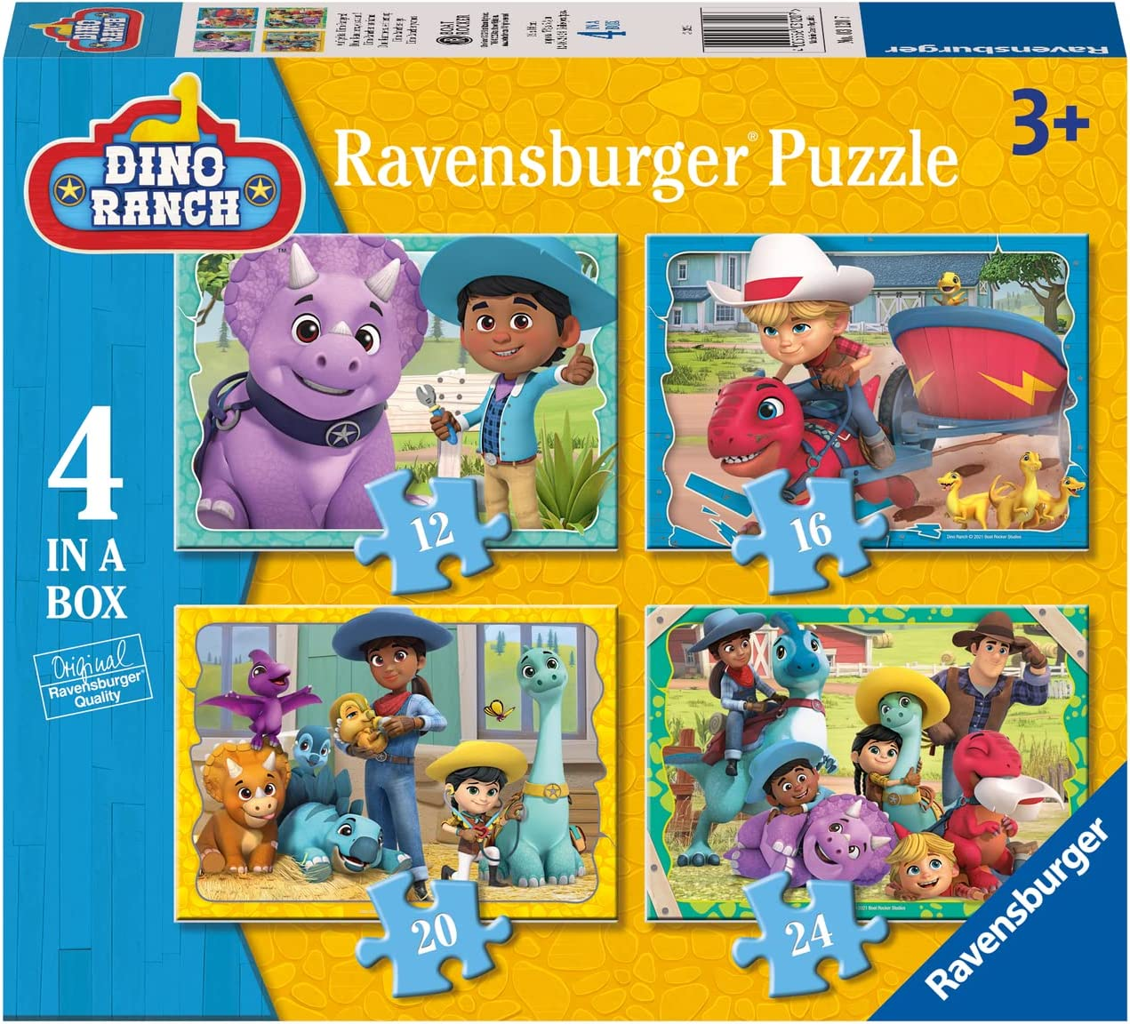 Ravensburger – Puzzle Dino Ranch, Collezione 4 in a Box, 4 puzzle da 12-16-20-24 Pezzi, Età Raccomandata 3+ Anni