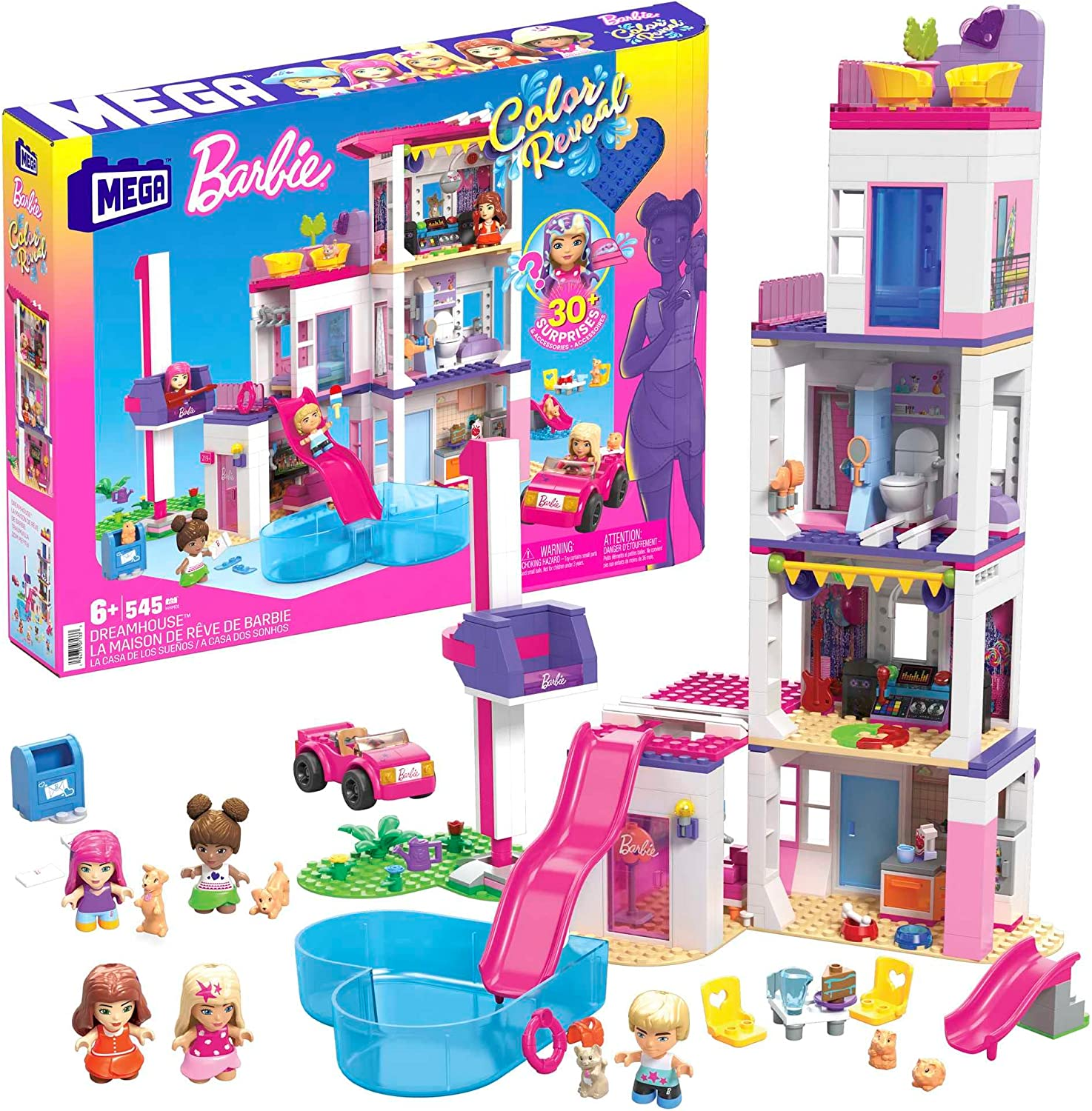 MEGA Barbie Color Reveal- Casa dei Sogni, set di costruzioni con oltre 25 sorprese, 5 mini bambole e 6 animali,HHM01